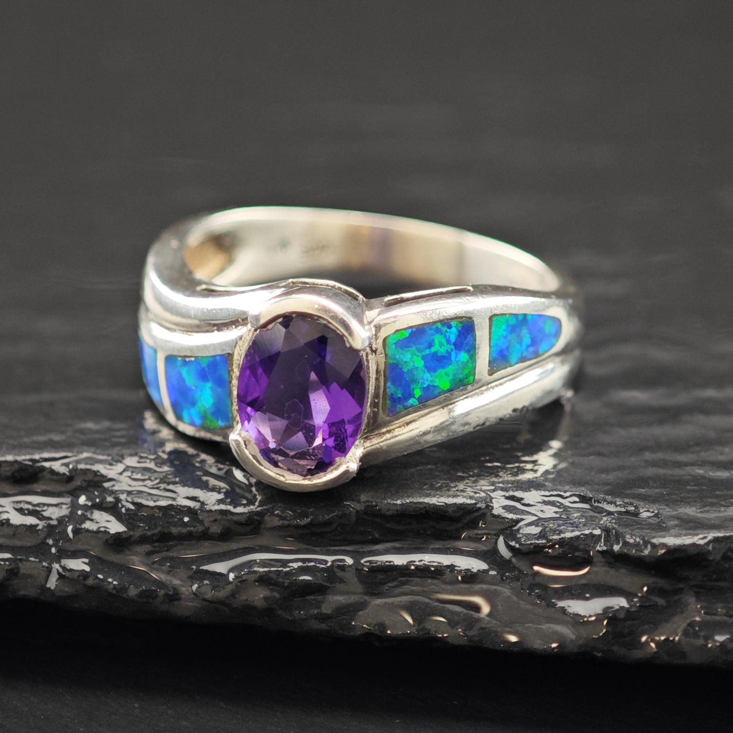 Lab Opal Inlay Amethyst Ring Sterling Silver Sz 8 R6221