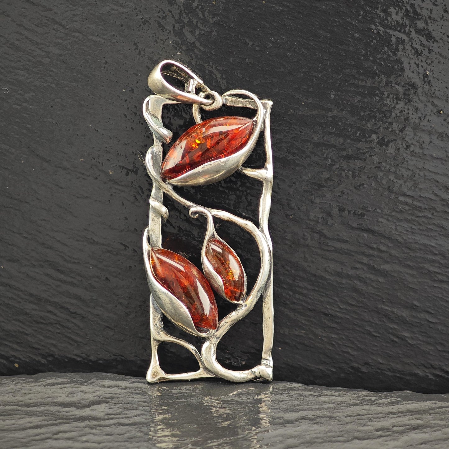 Art Nouveau Style Amber, Floral Pendant Sterling Silver