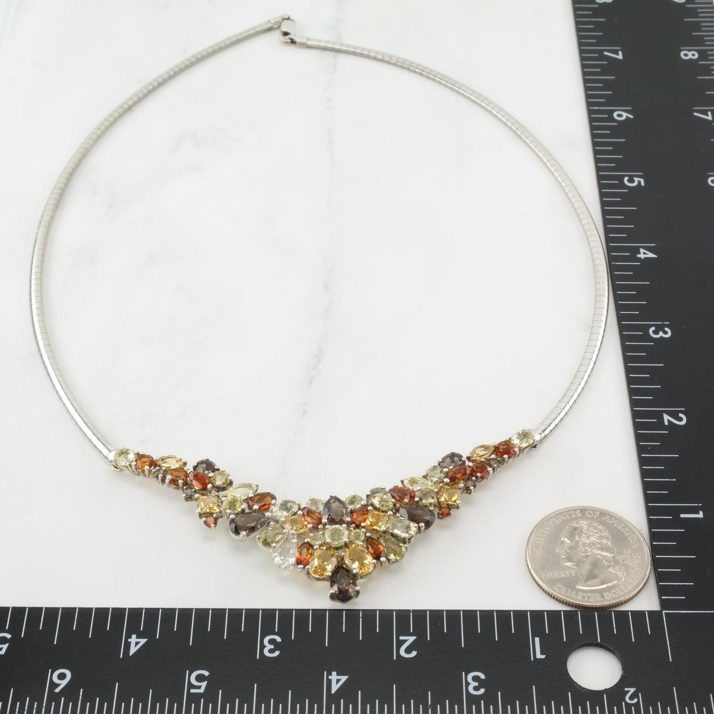 Vintage Michelle Albala Citrine, Quartz Gemstones Sterling Silver Cluster Collar Necklace