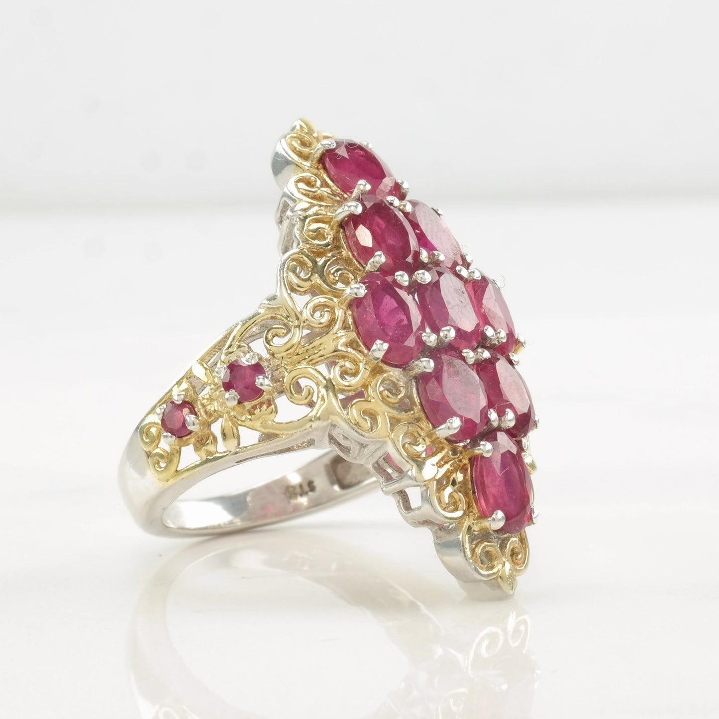 Vintage STS Ring Glass Filled Ruby, Cluster Gold Tone Sterling Silver Size 9 1/4