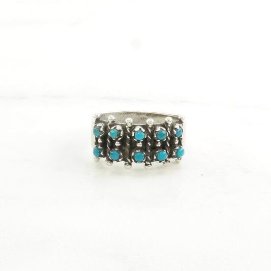 Southwest Silver Ring Turquoise Two Row Sterling Blue Size 6 3/4