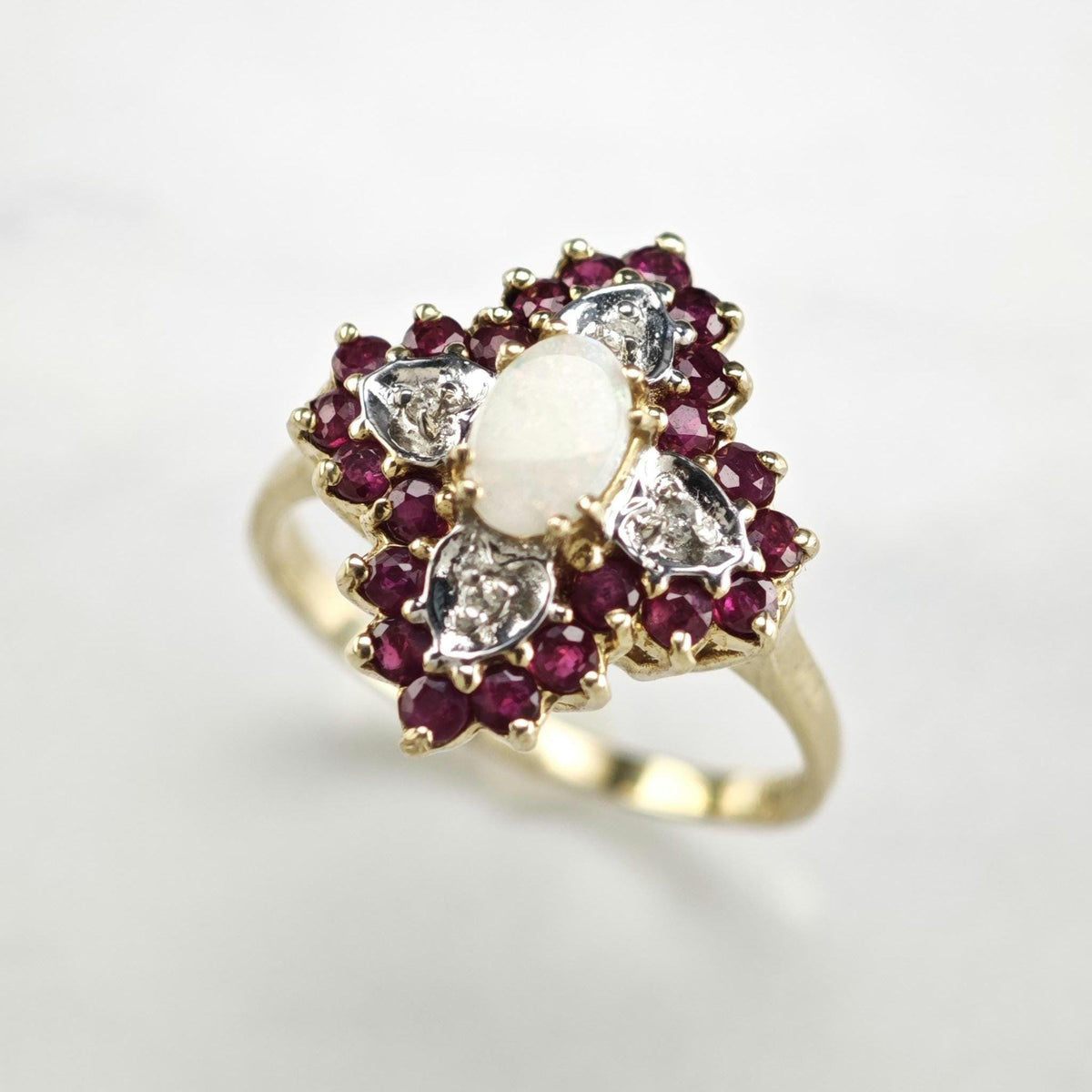 Natural Opal Ruby Diamond 10K Gold Ring Sz 7 R6772
