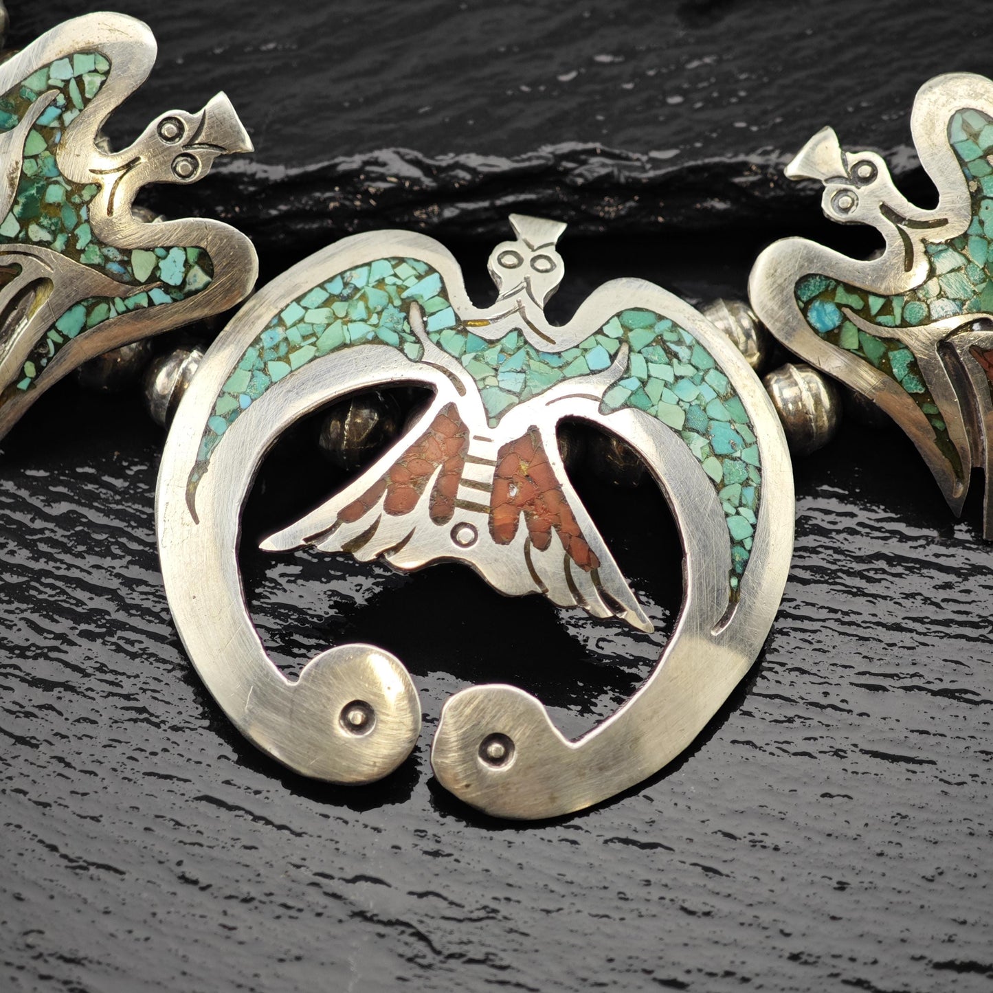 Native American Turquoise Inlay Eagle Squash Blossom Necklace Sterling Silver 29 1/2"