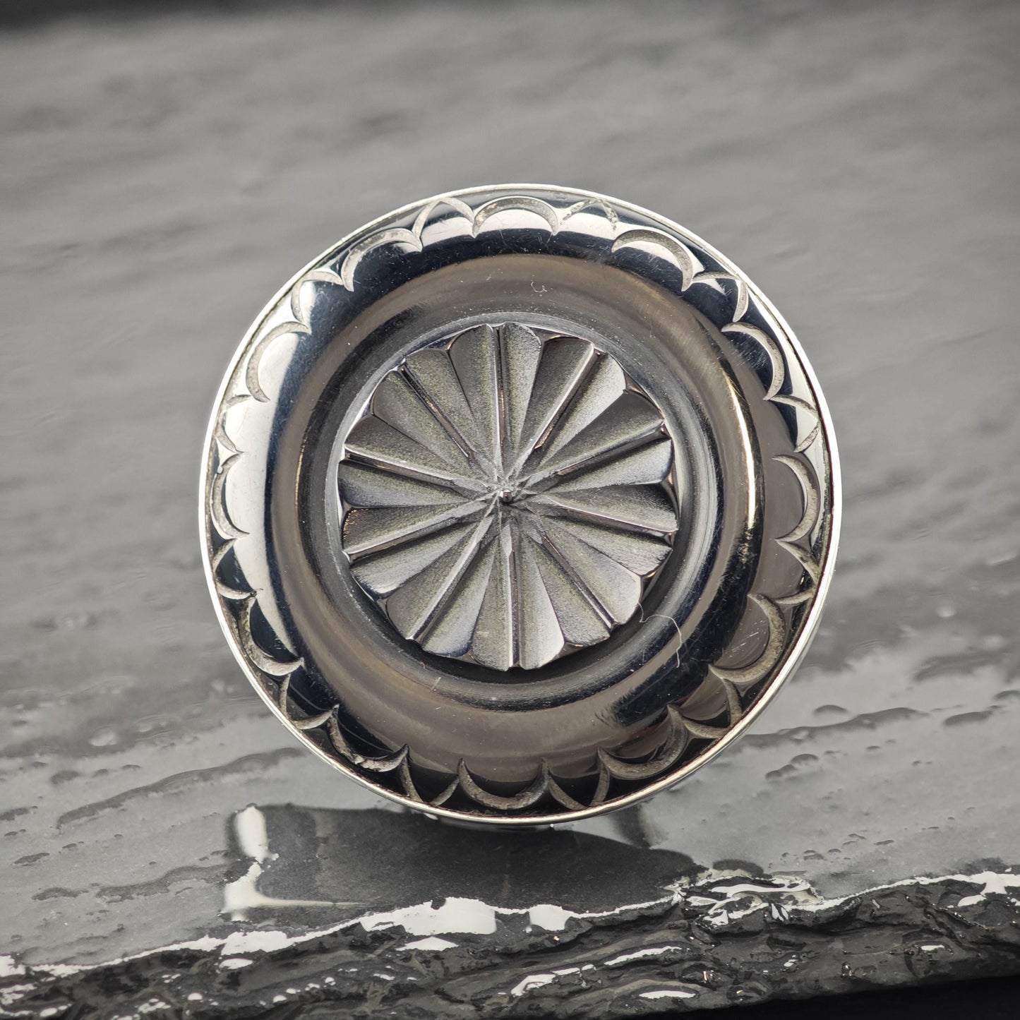 Large Carved Black Gemstone Ring Sterling Silver Size 9