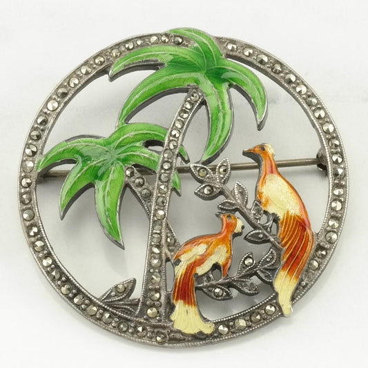 Vintage Uncas Sterling Silver Brooch Palm Trees, Brids Enamel, Marcasite