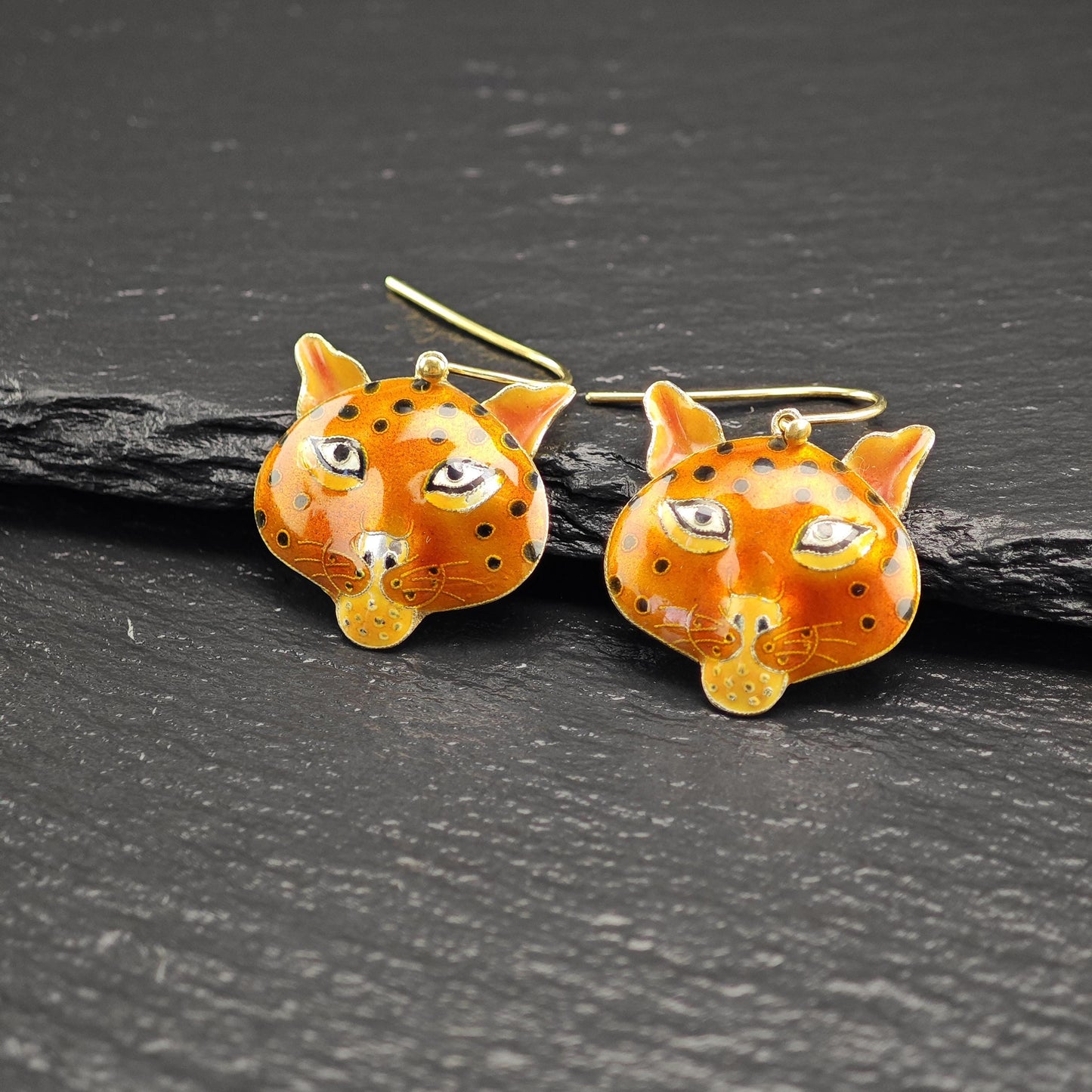 Laurel Burch Orange, Gold Gilded Enamel Cheetah Cat Fish Hook Earrings Sterling Silver