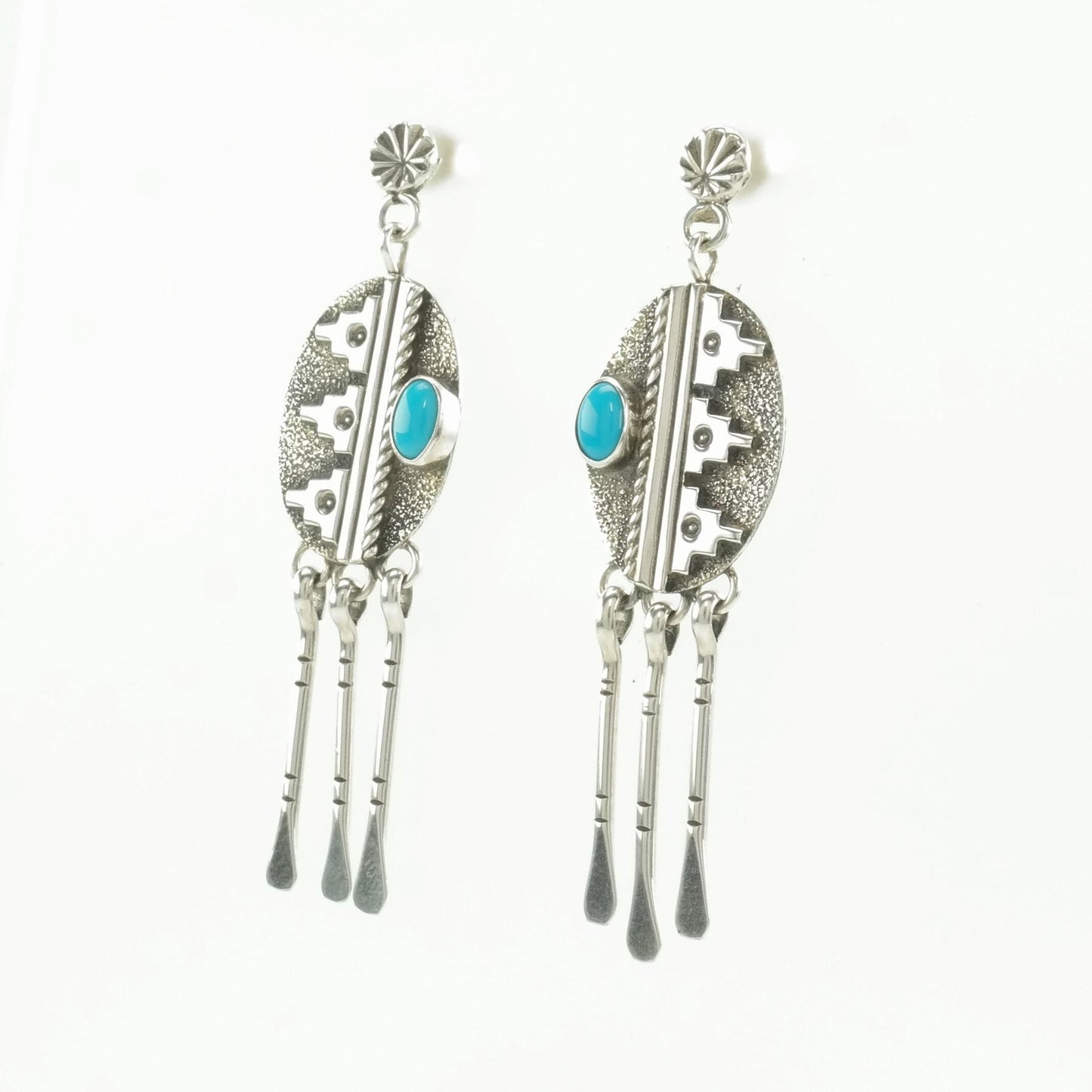 Native American Sterling Silver Blue Turquoise Overlay Earrings Stud, Dangle