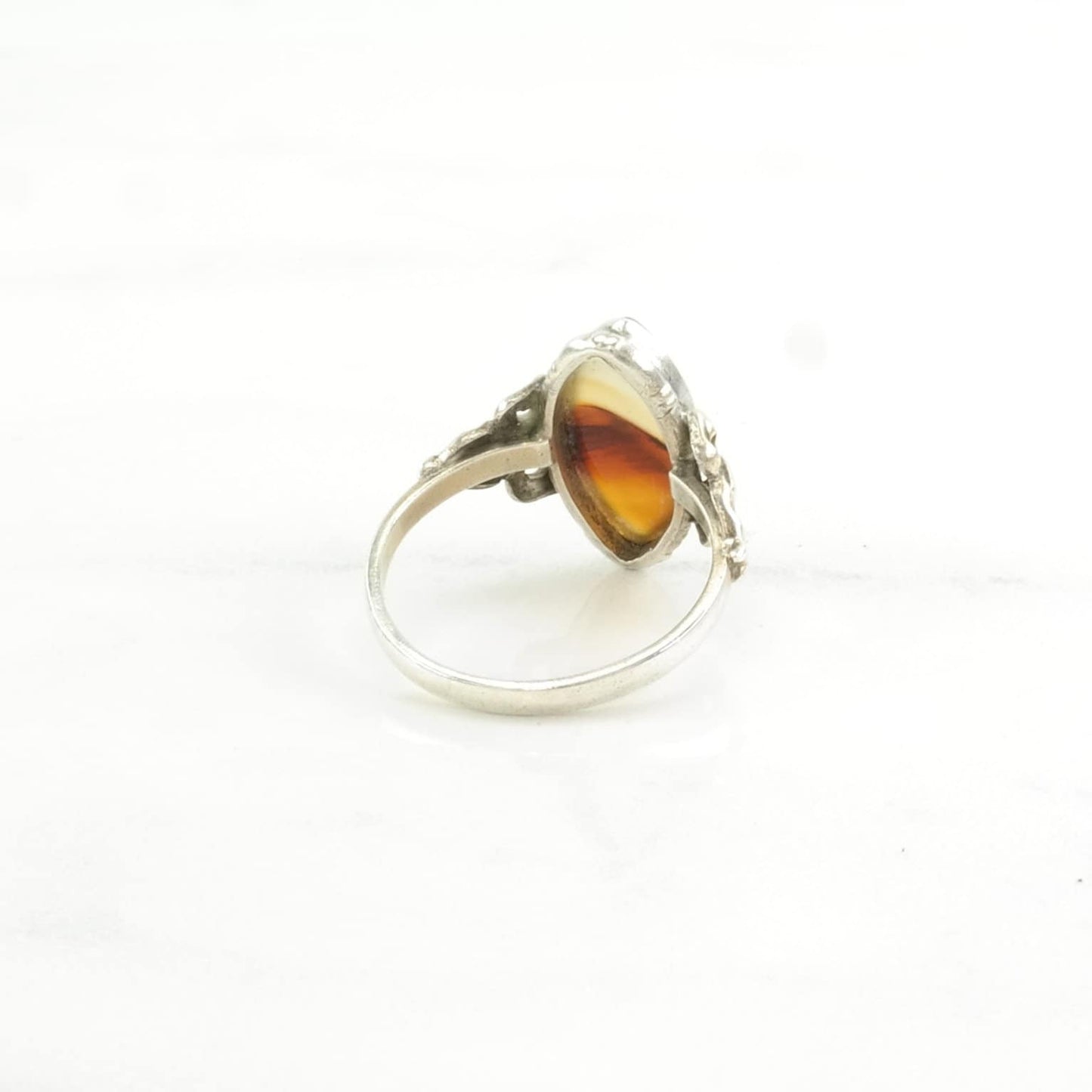 Art Deco Silver Ring Dendric Agate 10K Gold Accents Sterling Size 7 1/4