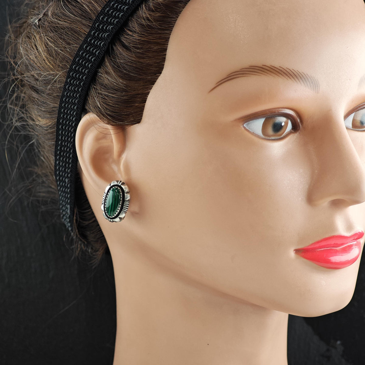 Vintage Native American Malachite Sterling Silver Clip On Earrings ER3216