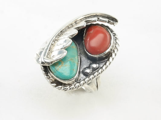 Southwest Sterling Silver Ring Turquoise Coral Leaf Blue Red Size 7 1/2