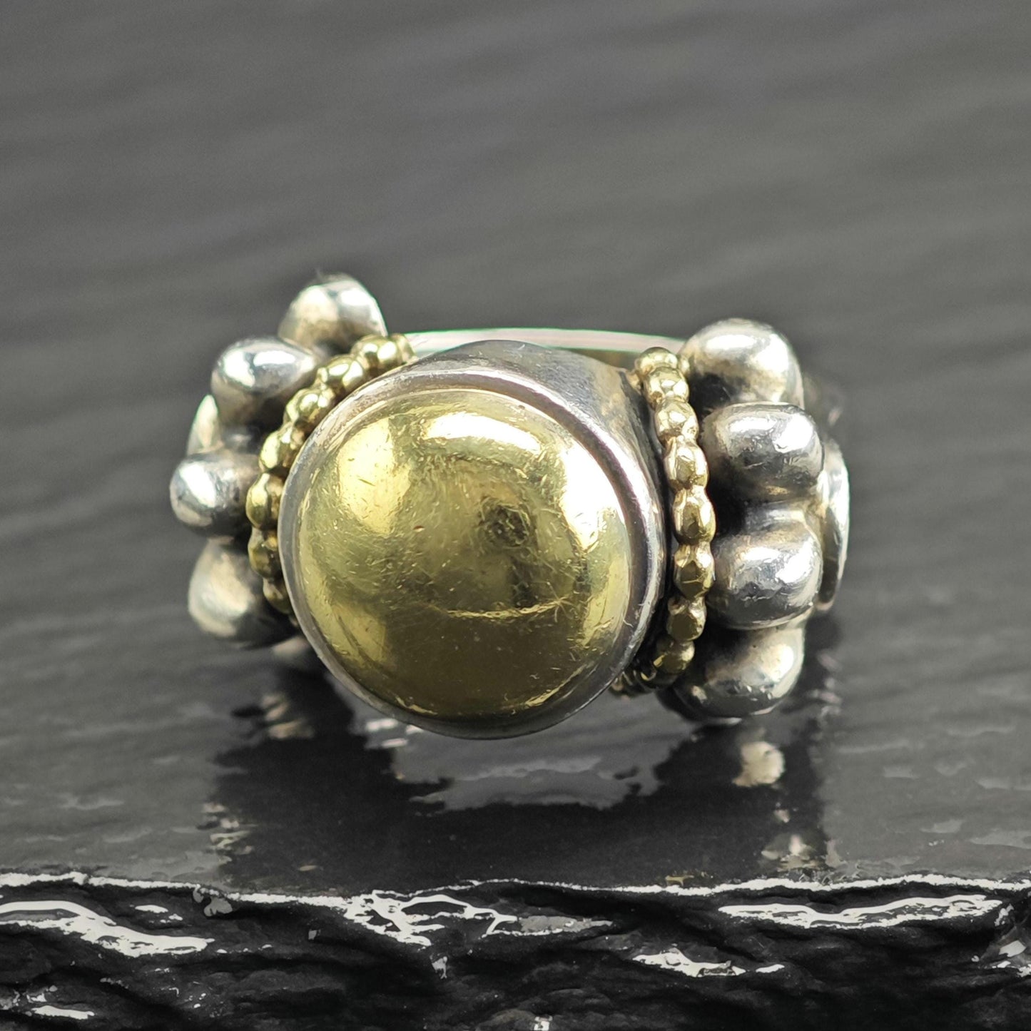 Vintage Lagos Caviar 18K Gold Accent Sterling Silver Ring Sz 7 R6686