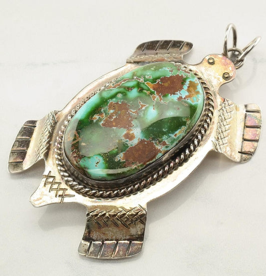 Native American Royston Turquoise Turtle Sterling Silver Pendant Blue Green