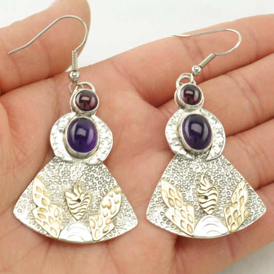 Vintage Studio Gold tone Amethyst, Garnet, Large Angel Shape Sterling Silver Fish Hook Earrings