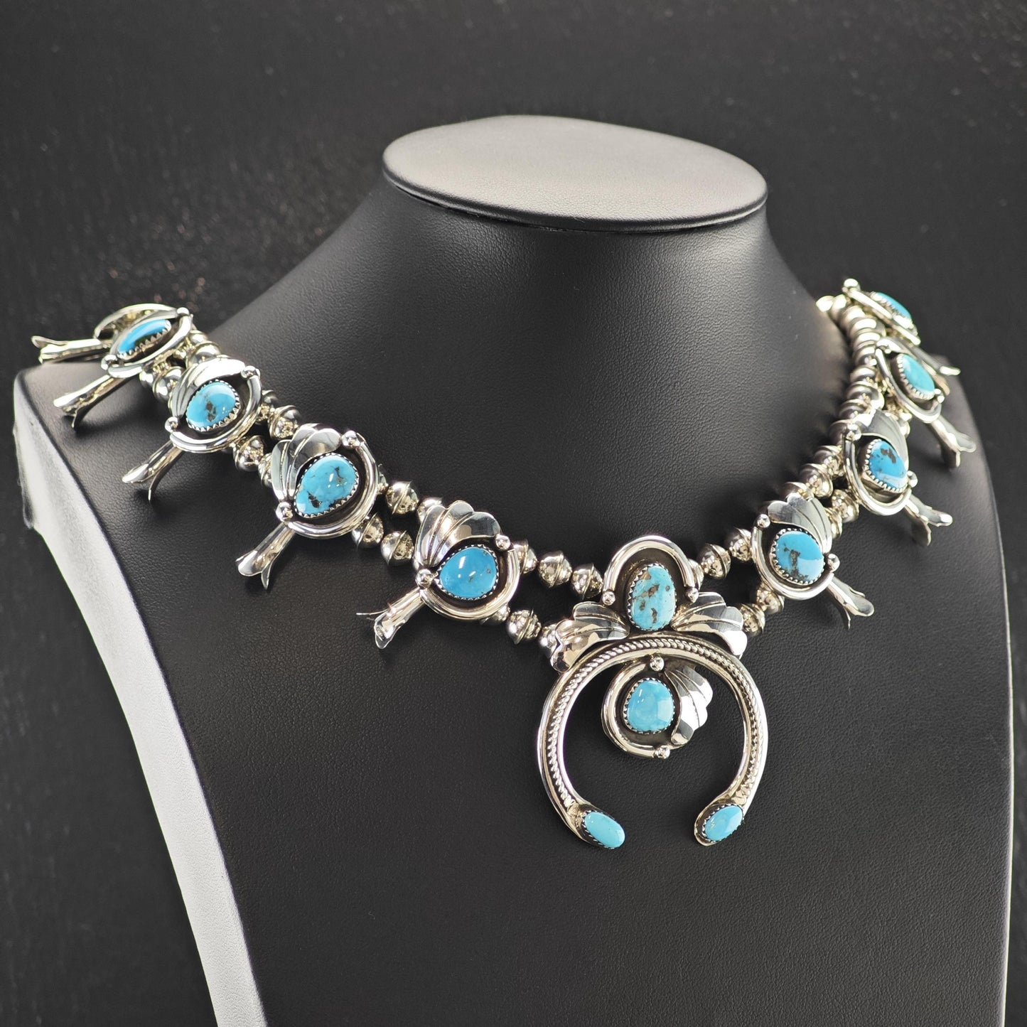 Vintage Native American Sterling Silver Blue Turquoise Squash Blossom Necklace