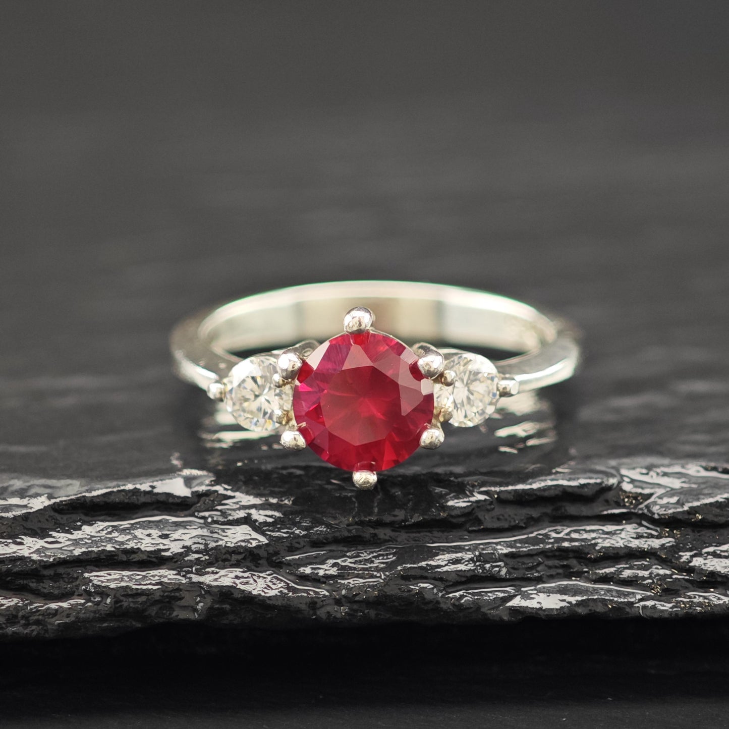 Sterling Silver Ring Lab Ruby Center Stone Size 7 CZ Details R6189