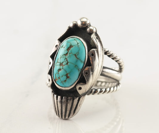 Native American Silver Ring Spiderweb Turquoise Shadowbox Sterling Size 7 1/2