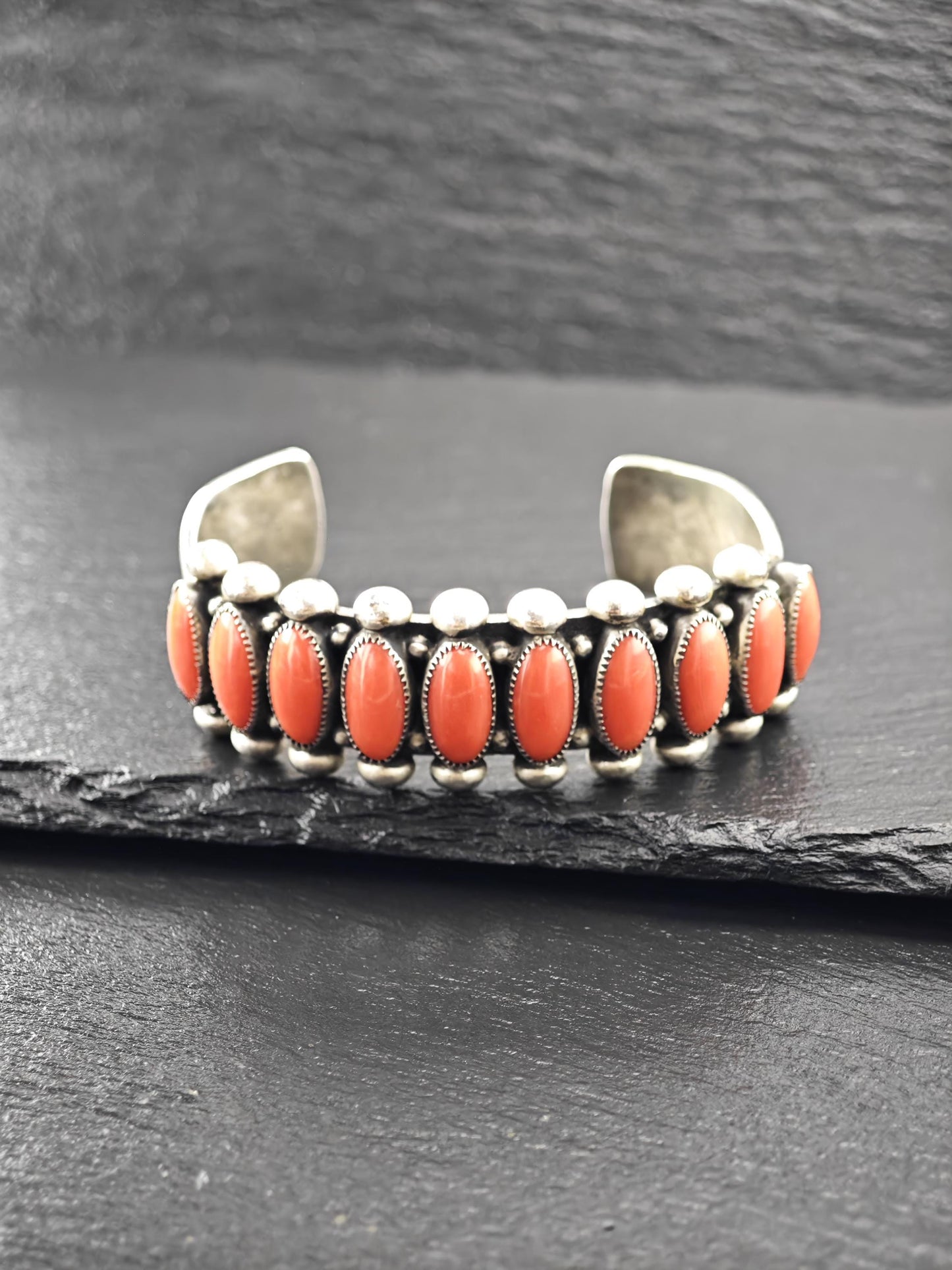 Native American Coral, Cuff Bracelet Sterling Silver