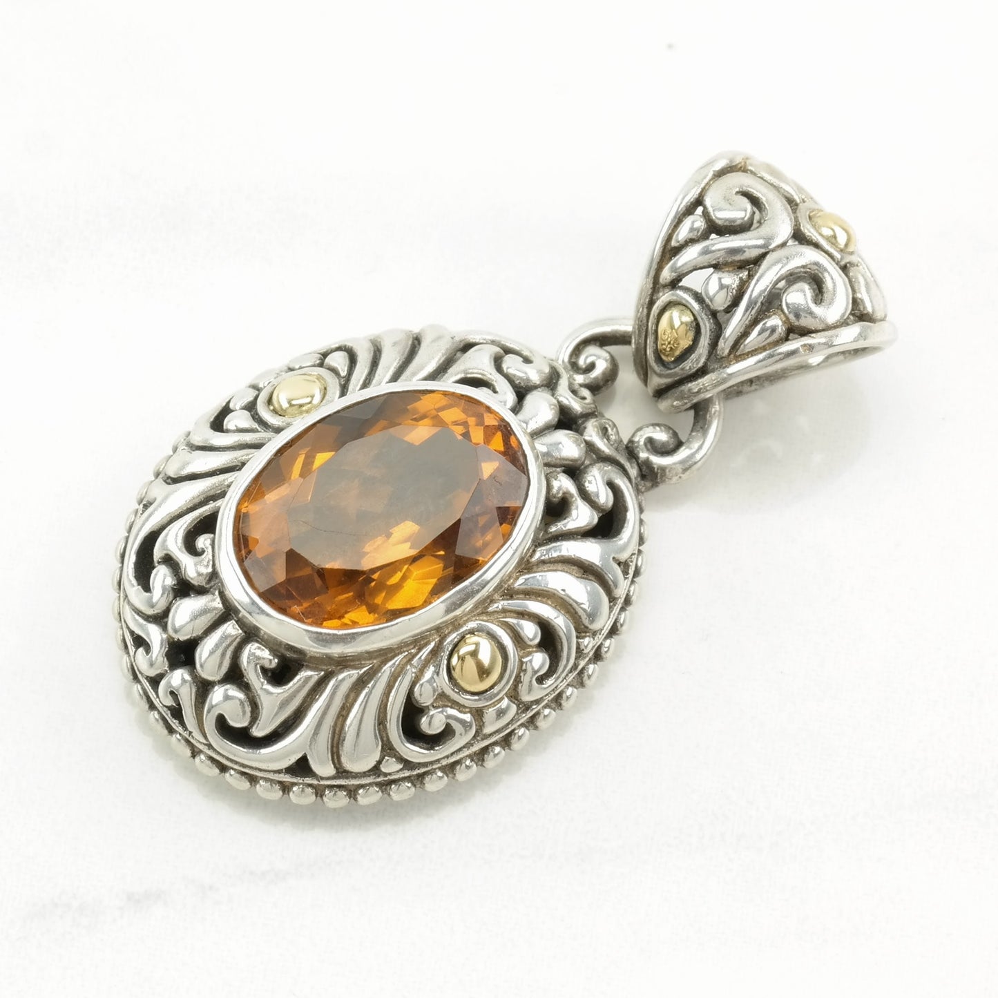 Vintage Baltic Amber, Citrine 18K Gold Accent Sterling Silver Pendant