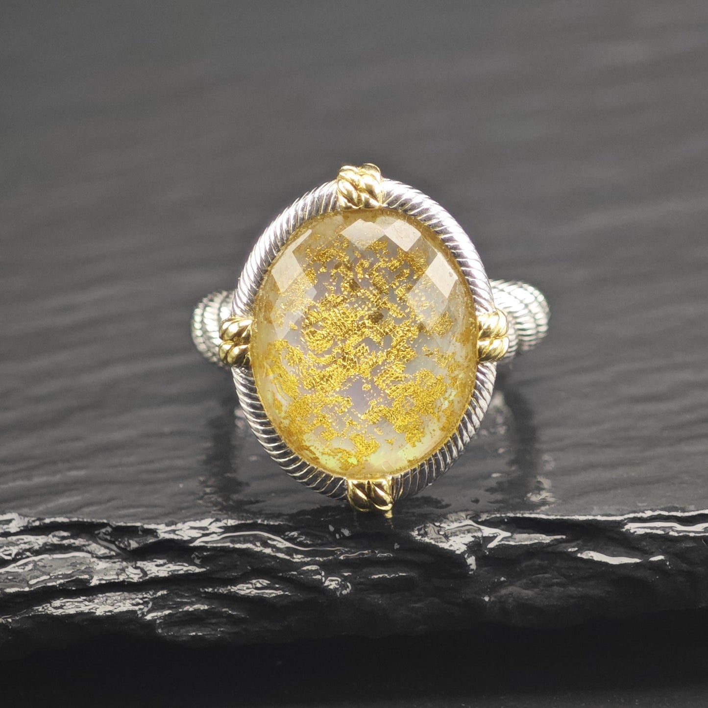 Judith Ripka Gold Flake Quartz Doublet & Gold Accent Sterling Silver Ring Sz 8 R6685