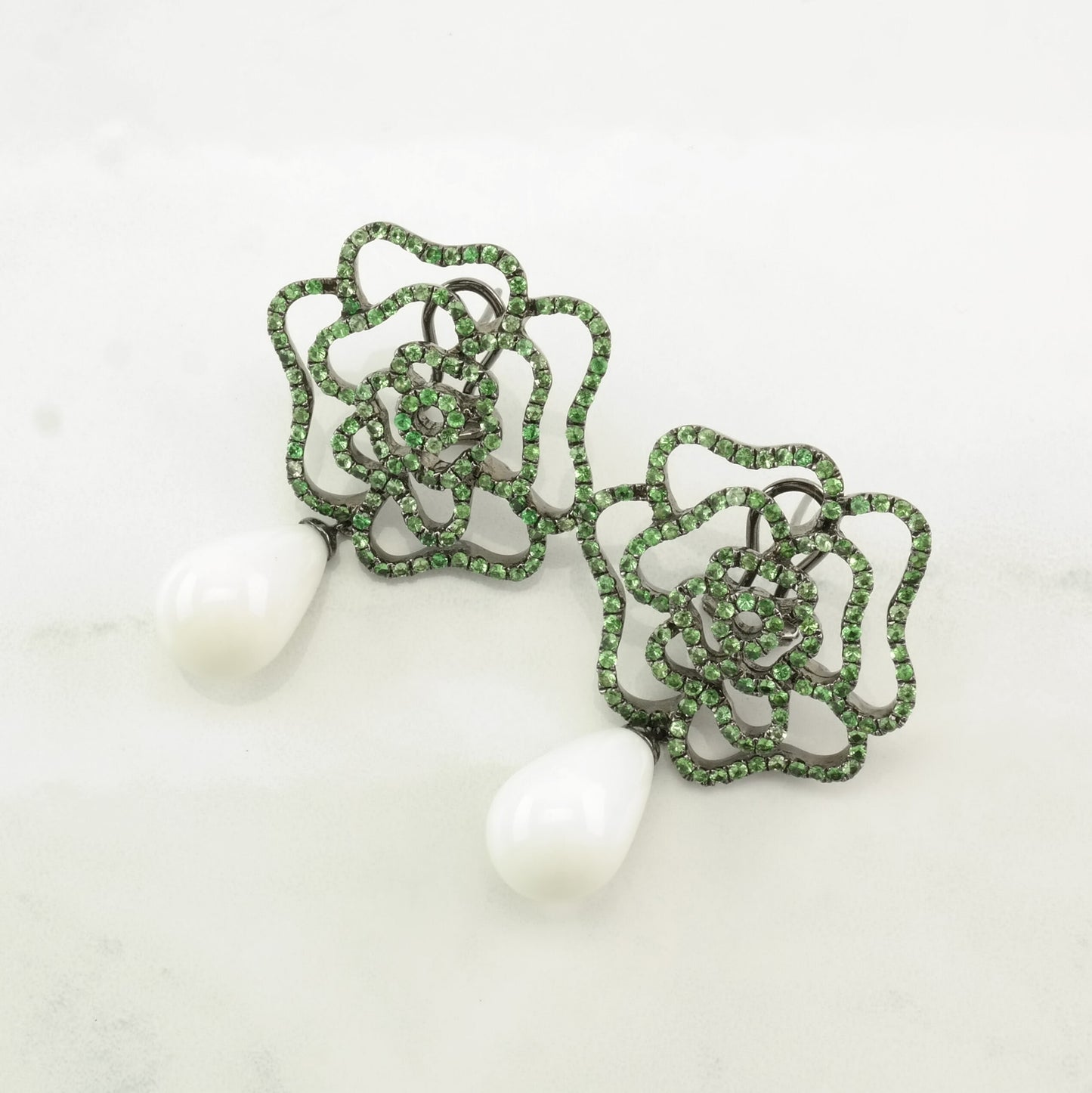 Designer Sterling Silver Flower, Green Tsavorite Oxidized Finish Earrings Omega