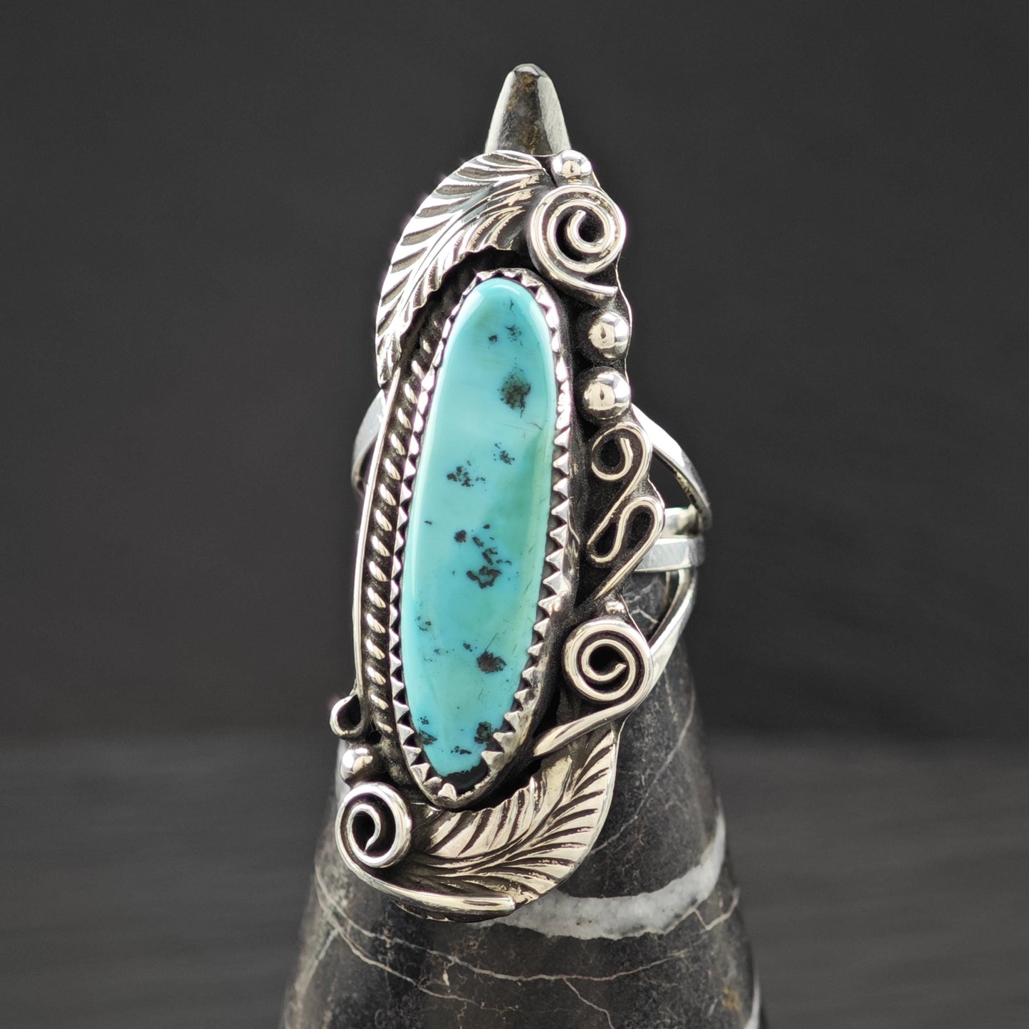 Navajo, J. Morris Long Turquoise Ring Sterling Silver Size 6 3/4