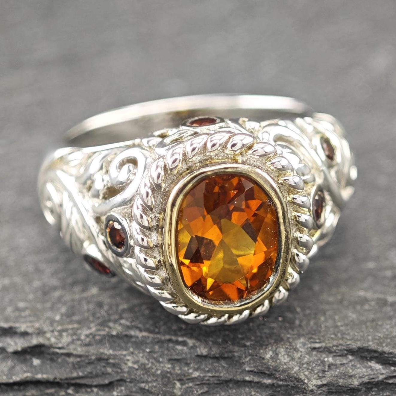 Citrine, Garnet, Gold Bezel Ring Sterling Silver
