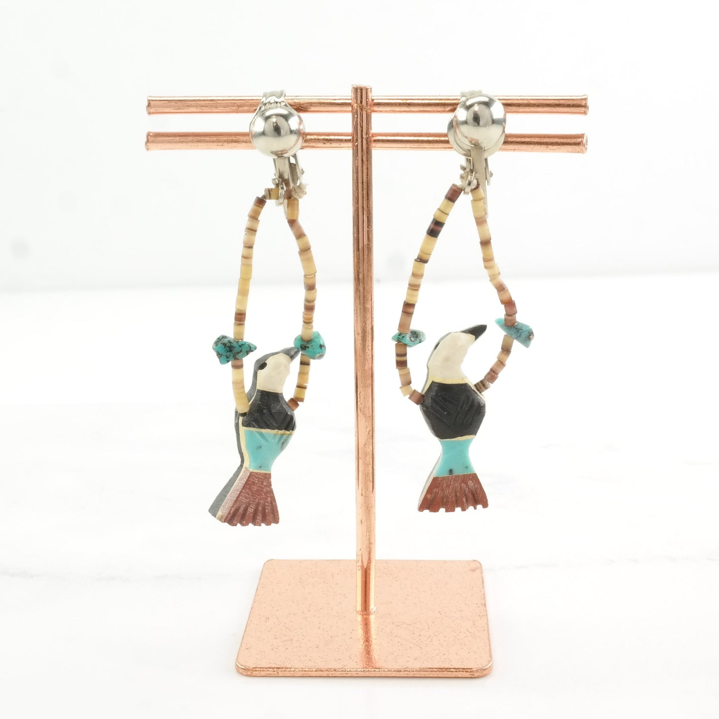 Vintage Native American Turquoise, Jet Bird, Heishi Earrings Clip on, dangle