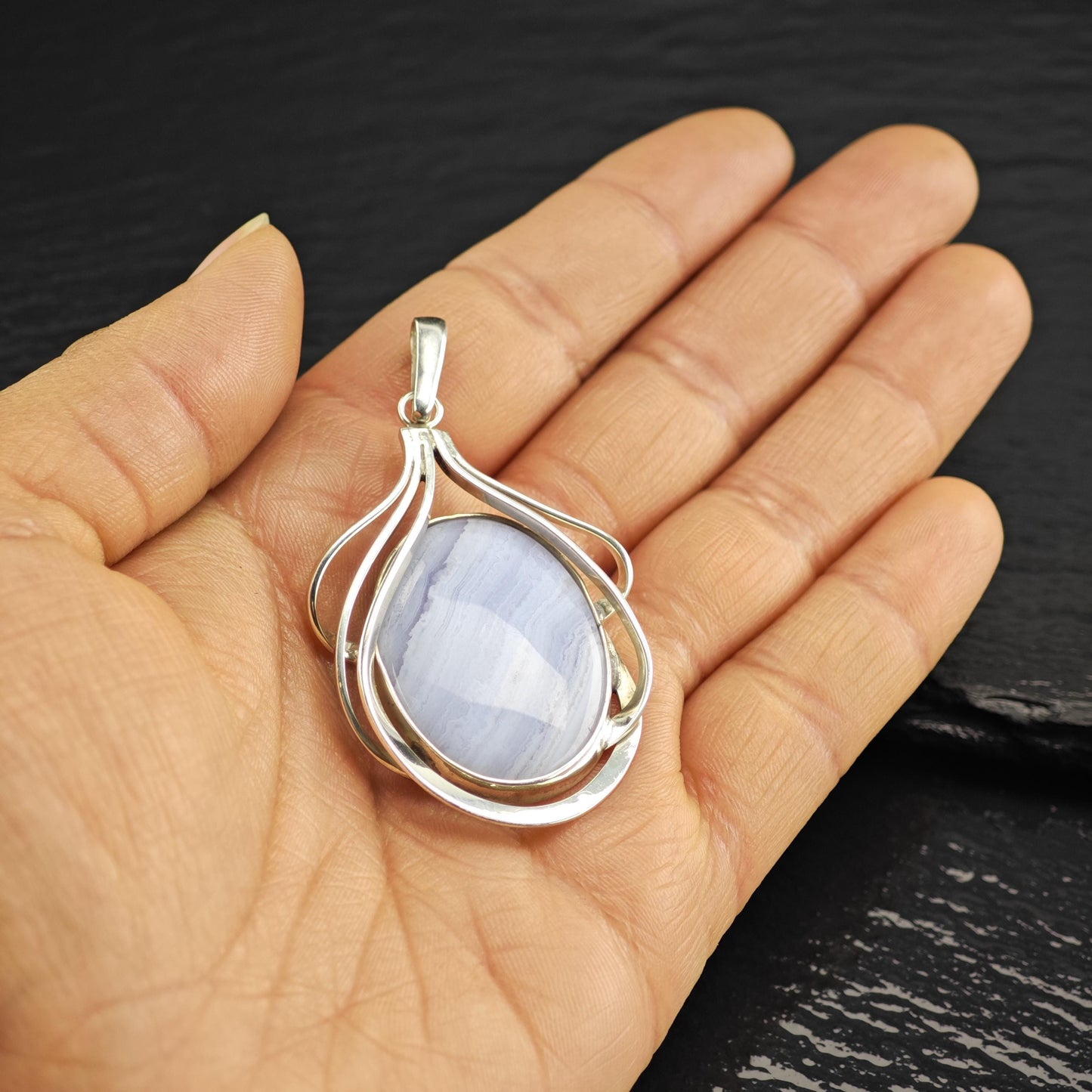 Blue Lace Agate Pendant Sterling Silver P3058
