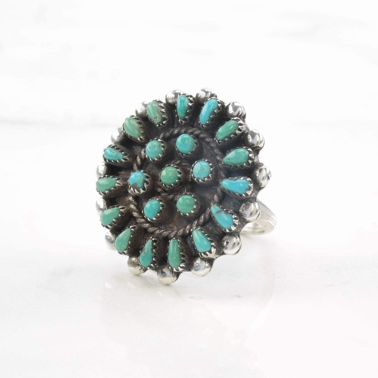 Vintage Native American Ring Turquoise Cluster Sterling Silver Size 6 1/2