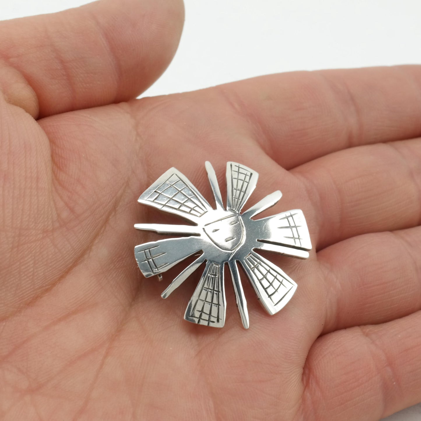 Laffi Peru Modernist Sunface Brooch Sterling Silver