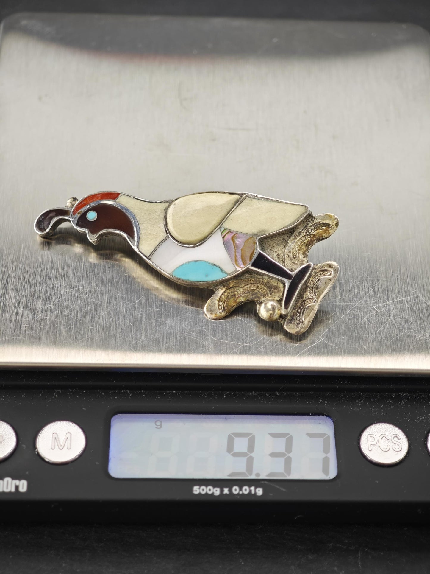 Quail, Zuni Inlay, Native American Sterling Silver Brooch Pendant