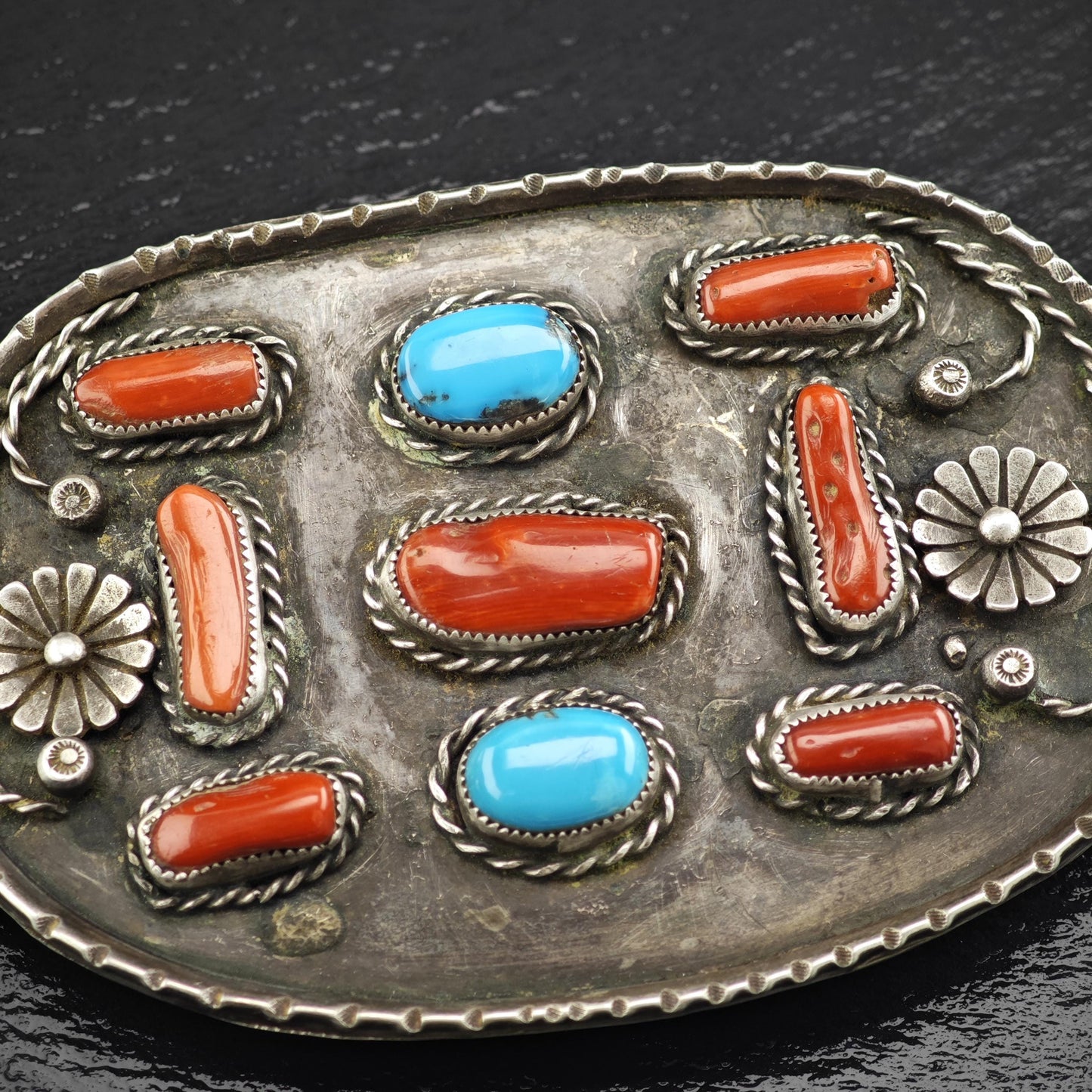 Large Sterling Silver Belt Buckle with Turquoise Coral Floral Design Native American Style