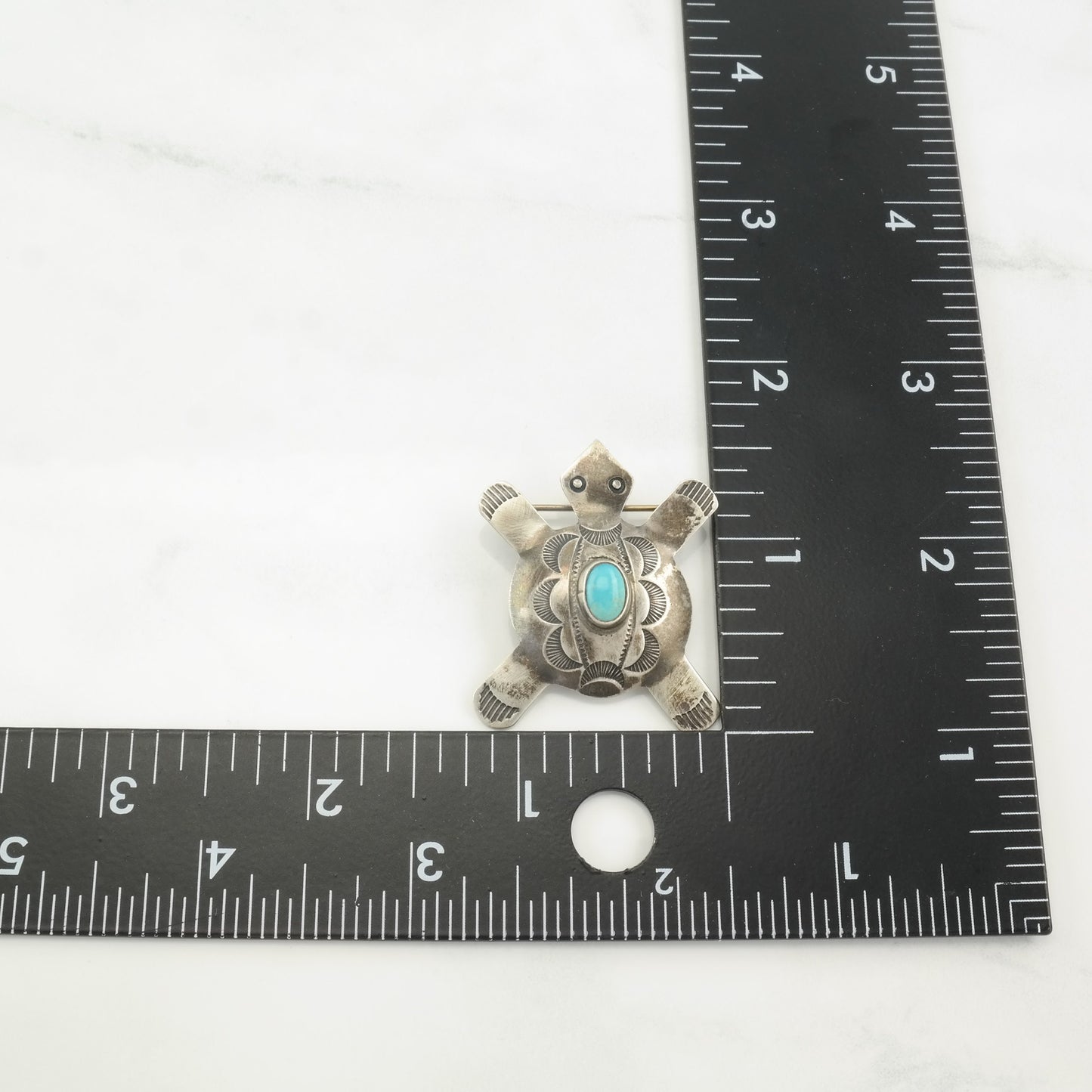 Native American Brooch Turtle, Stamped Turquoise Sterling Silver