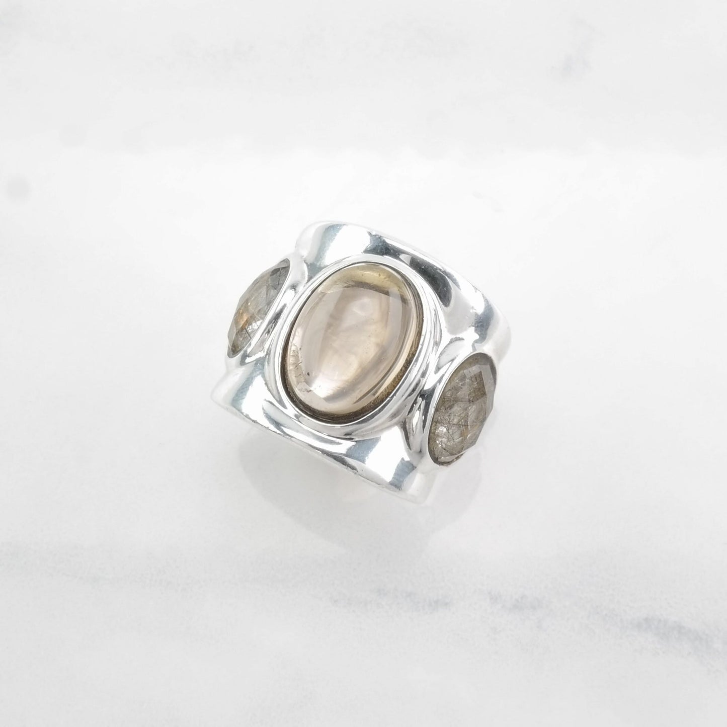 Designer Sterling Silver Ring Smoky Quartz, Rutilated Quartz Size 6