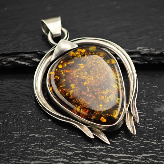 Large Teardrop Amber Sterling Silver Pendant P3125