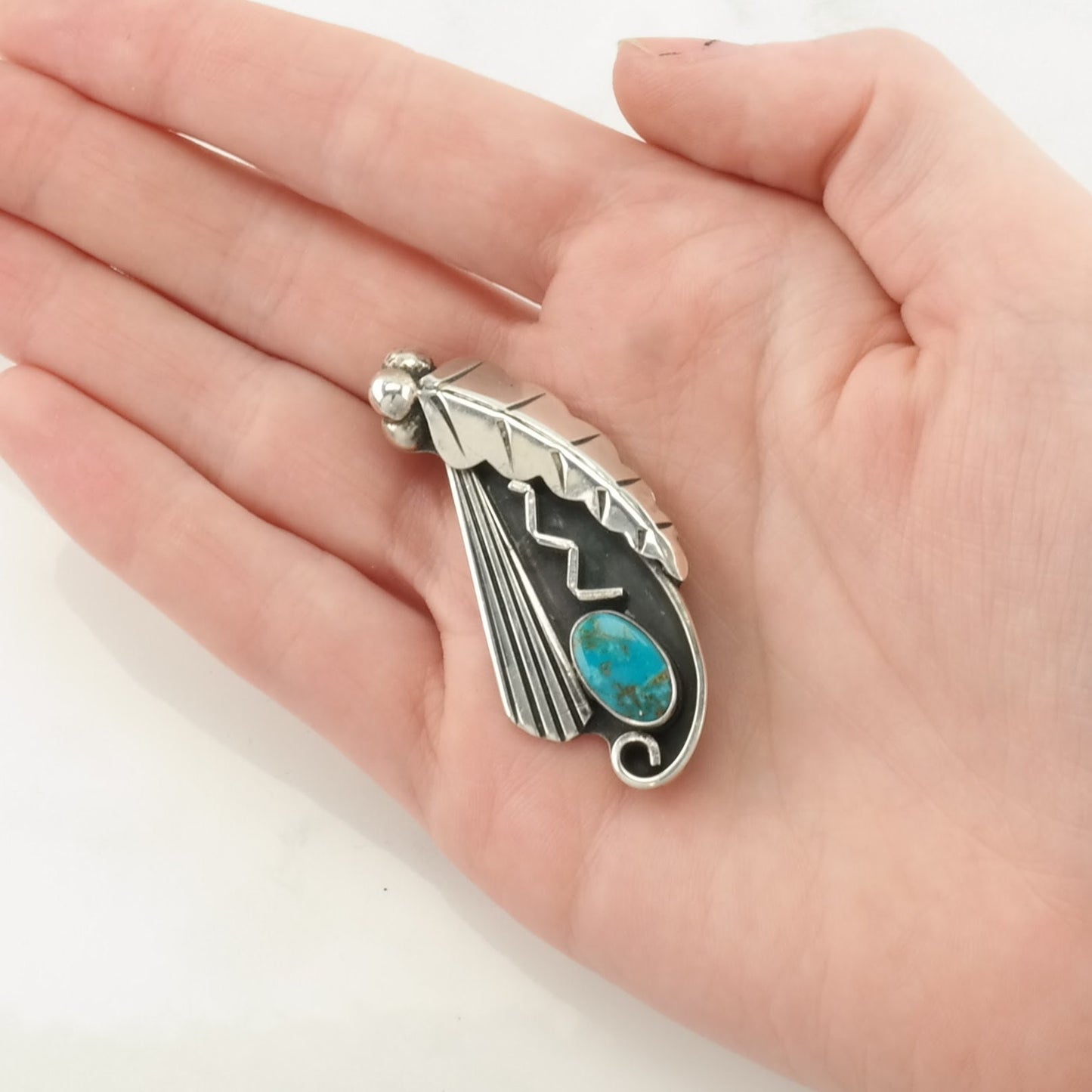 Native American Sterling Silver Brooch Leaf Blue Turquoise