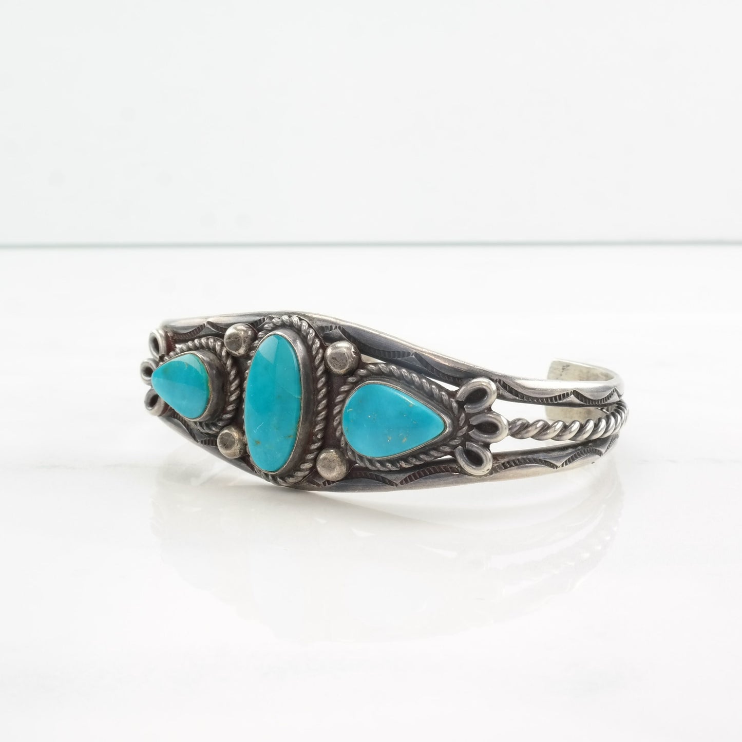 Native American Sterling Silver Cuff Bracelet Blue Turquoise Three Stone