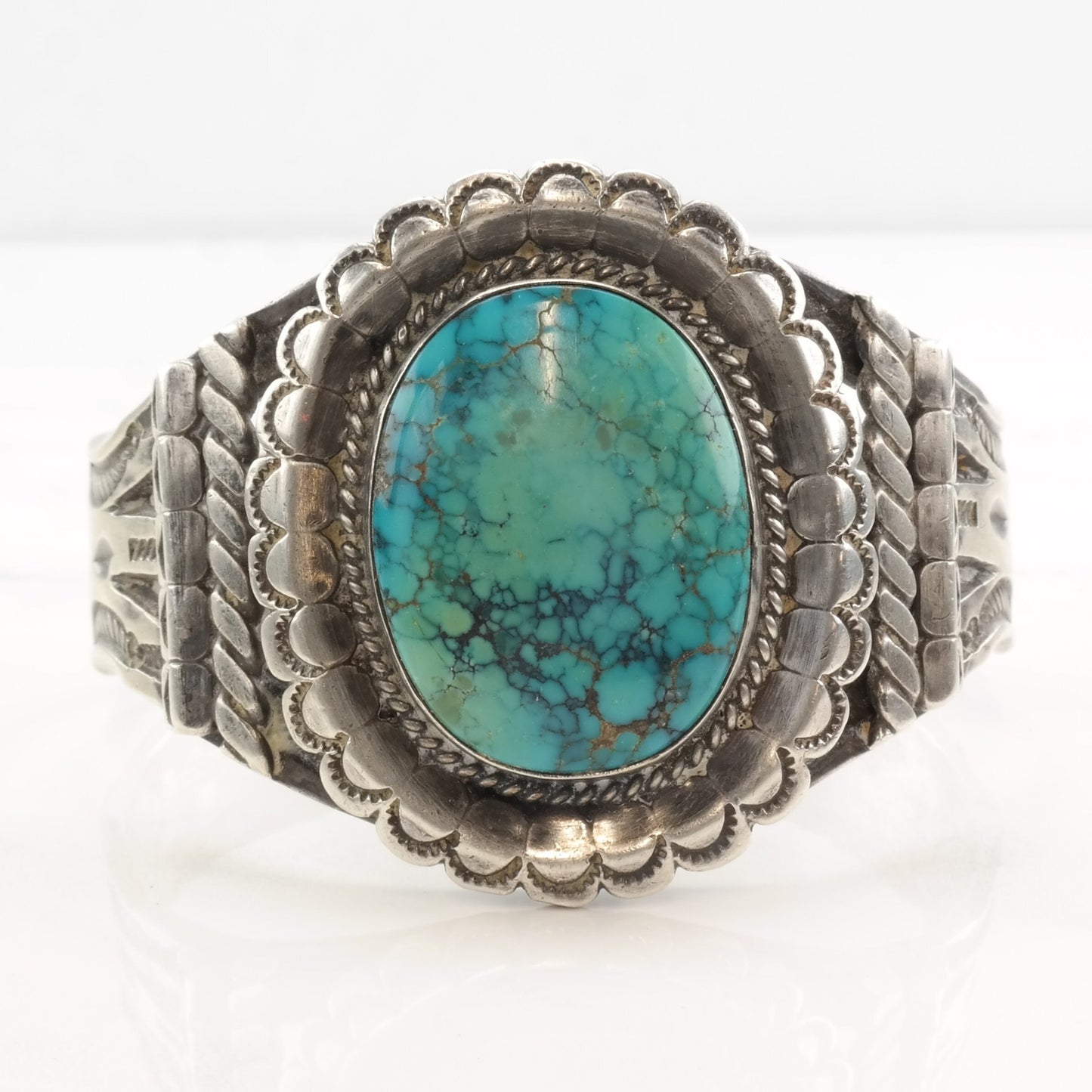 Native American Sterling Silver Turquoise Oval Spiderweb Ingot Heavy Stamping Cuff Bracelet