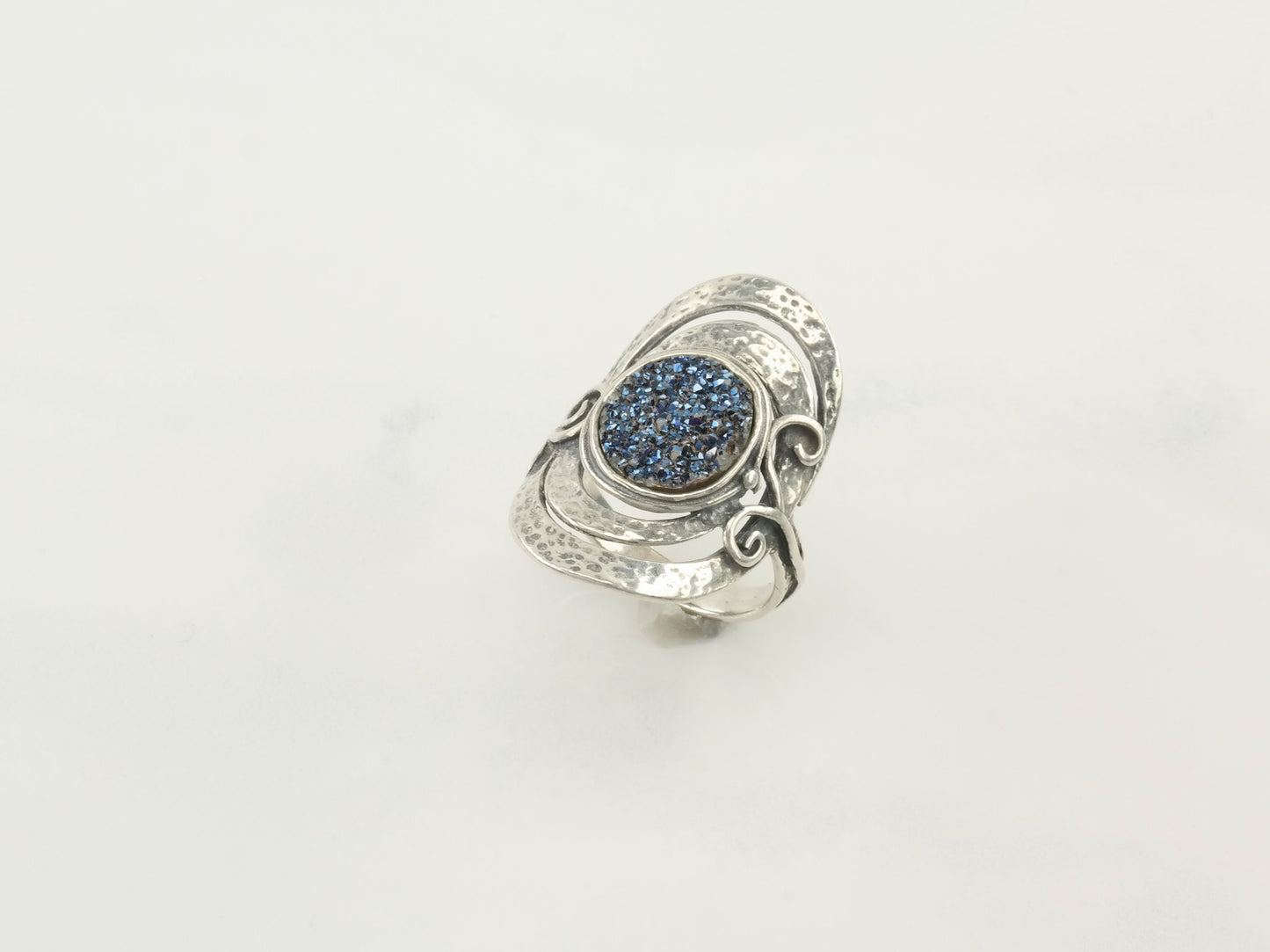 Modernist Silver Ring Druzy Shield Sterling Blue Size 8 1/4