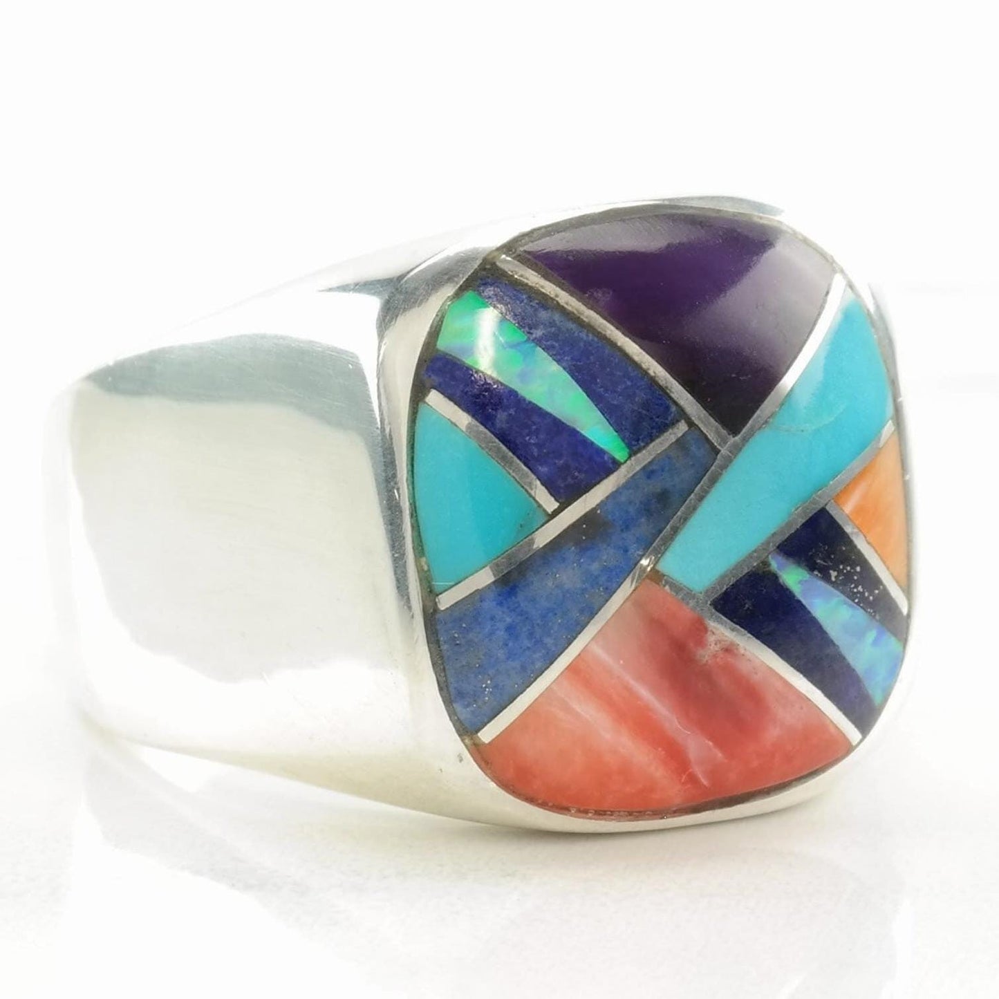 Vintage Southwest Silver Ring Multi Gemstone Inlay Sterling Size 10 3/4