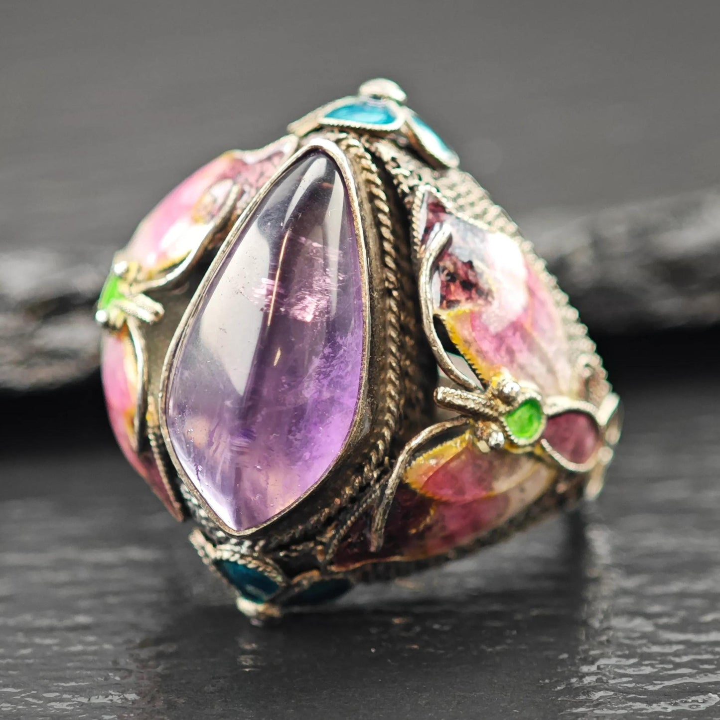 Chinese Export Amethyst, Enamel, Ring Flower Sterling Silver Sz 9