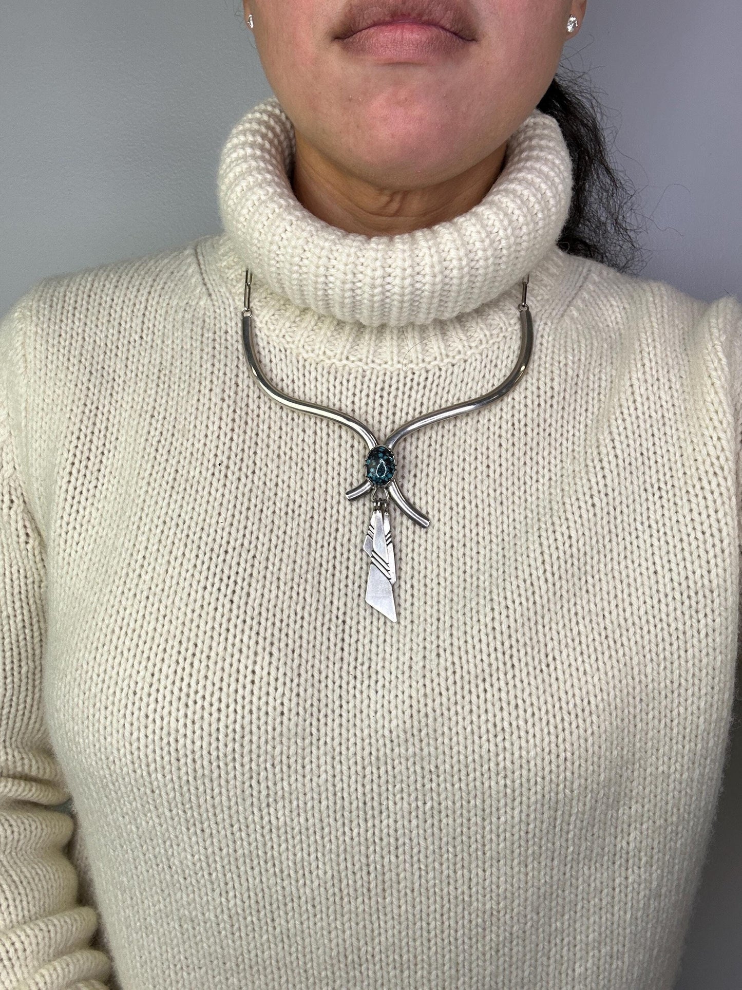 Native American Sterling Silver Turquoise Necklace, Spiderweb Turquoise, Choker, LM Nez, 1970s