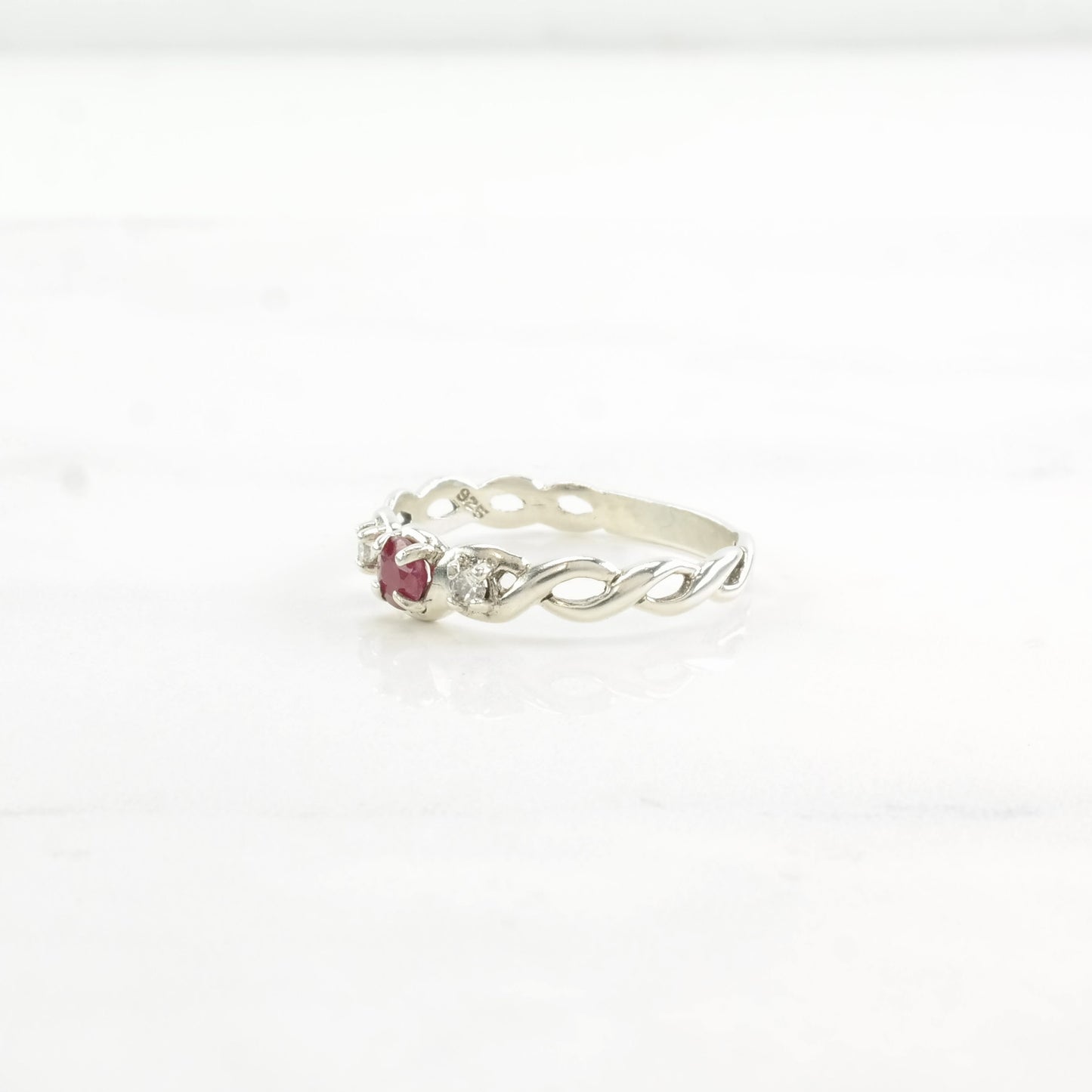 Vintage Sterling Silver Ring Ruby, CZ Twisted Size 8 1/2