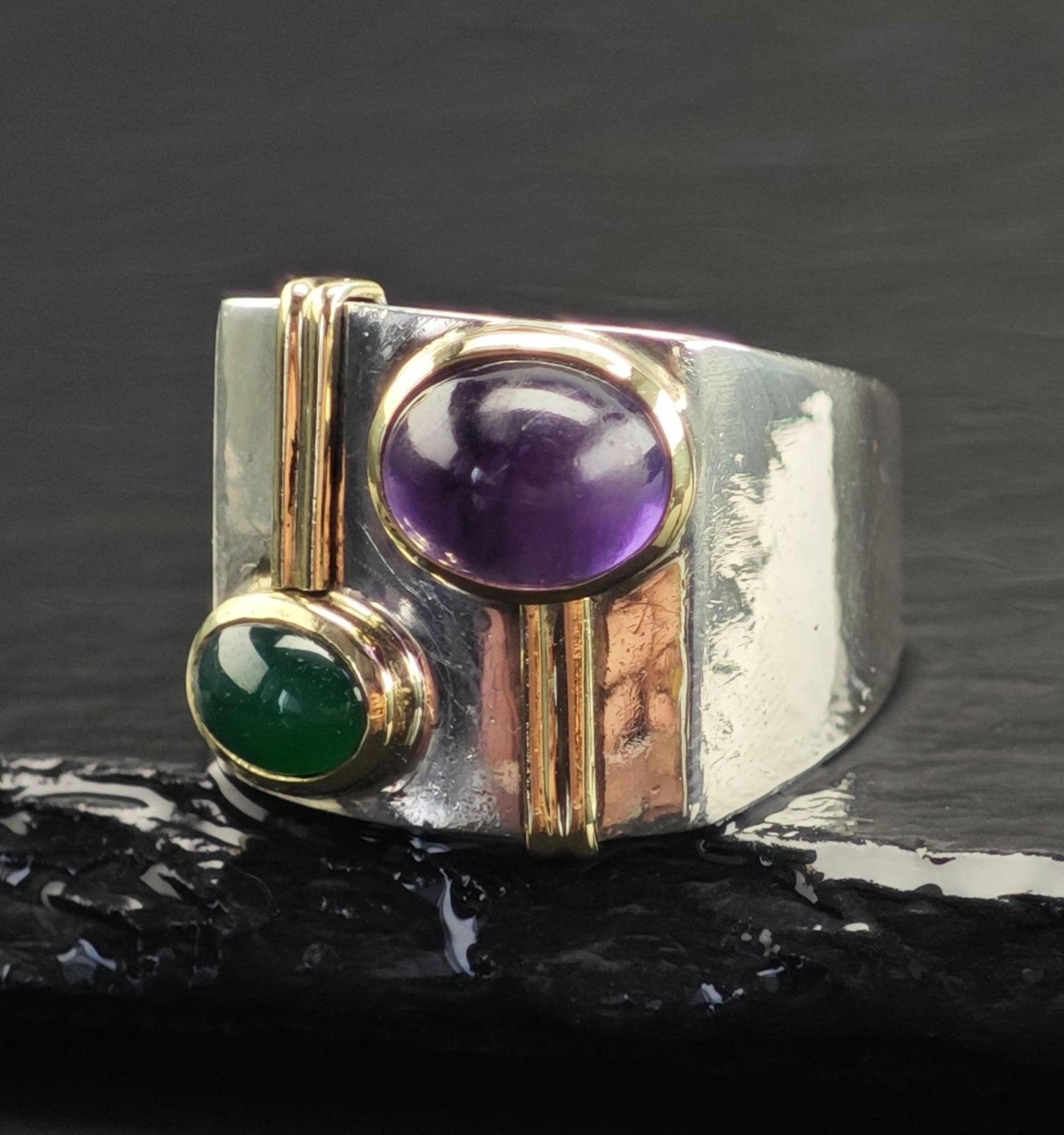 Amethyst Chrysoprase Cabochon 14k Gold Accents Sterling Silver Ring Sz 8 1/4 R6726