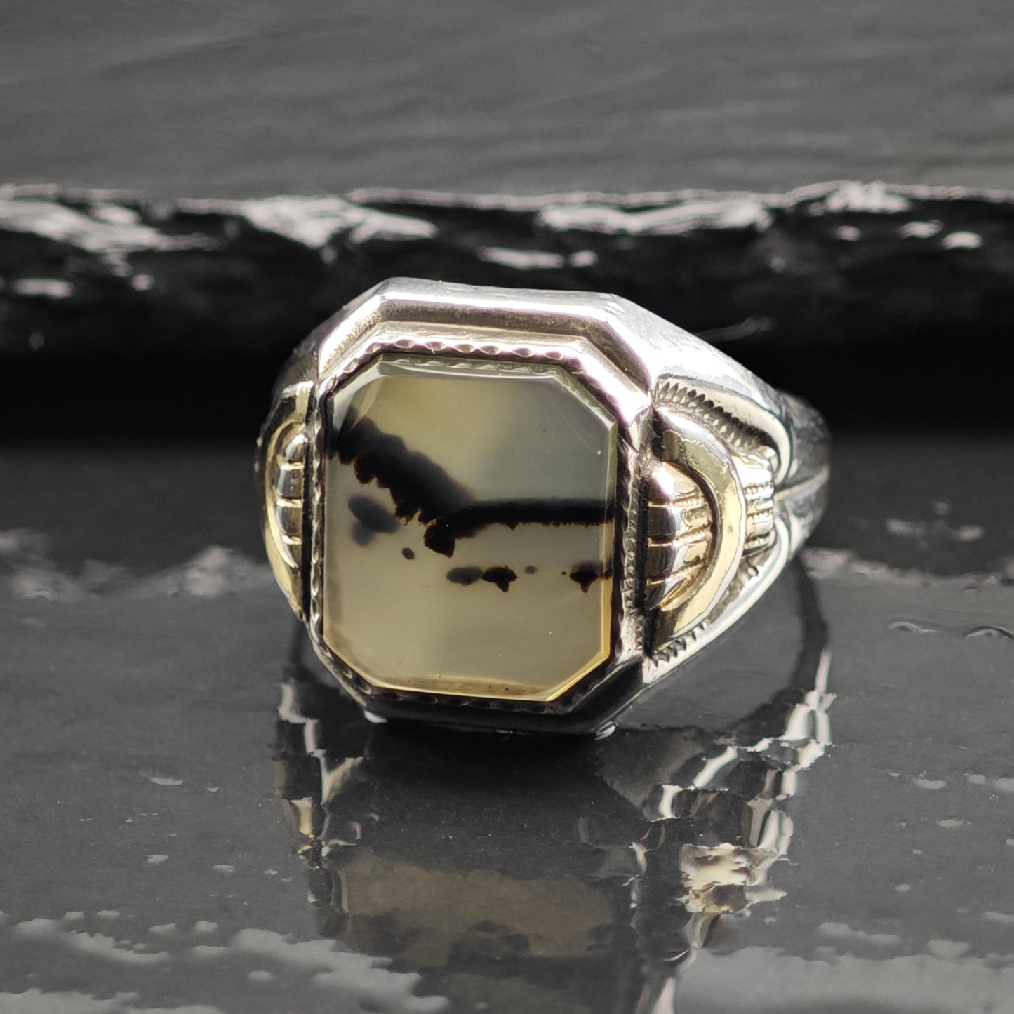 Art Deco Dendritic Moss Agate Signet Sterling Silver Ring Sz 11 1/2 R6719