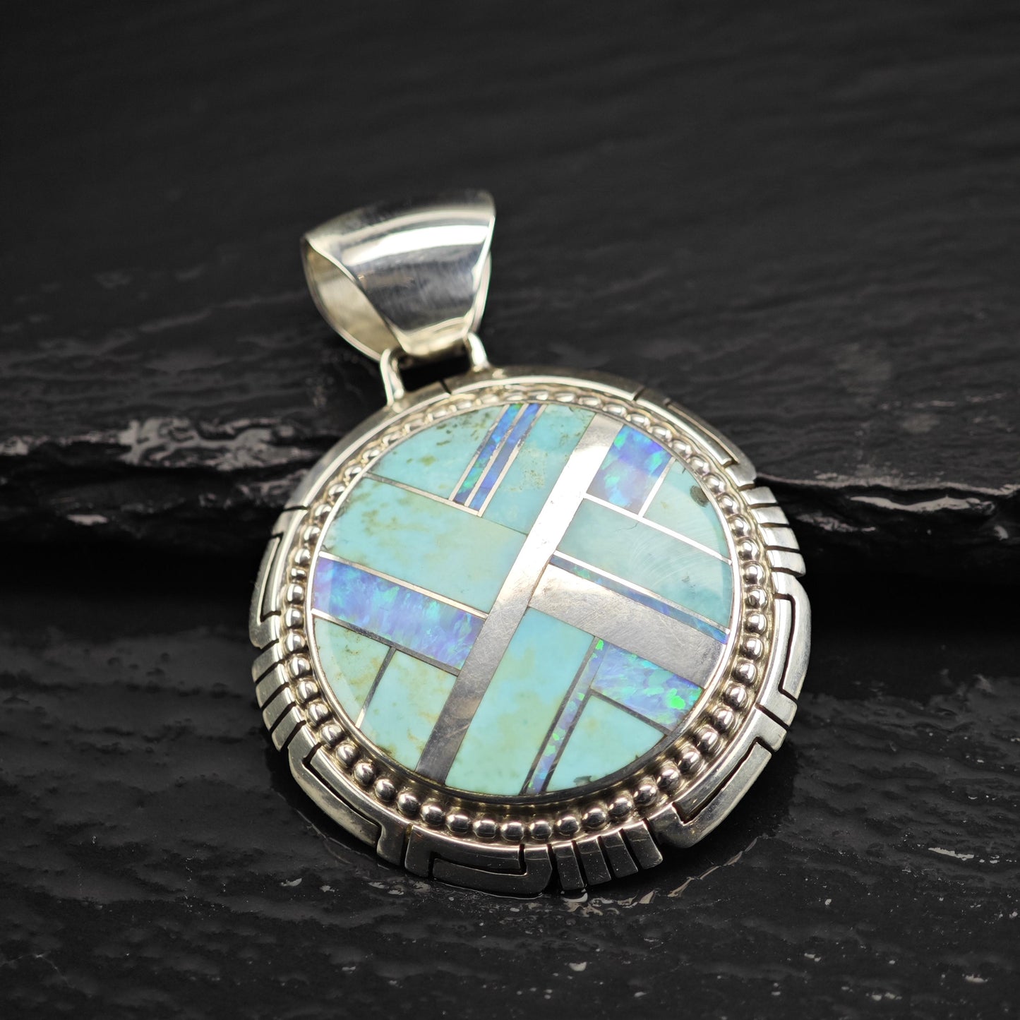 Large Turquoise, Opal Inlay Sterling Silver Pendant P3043
