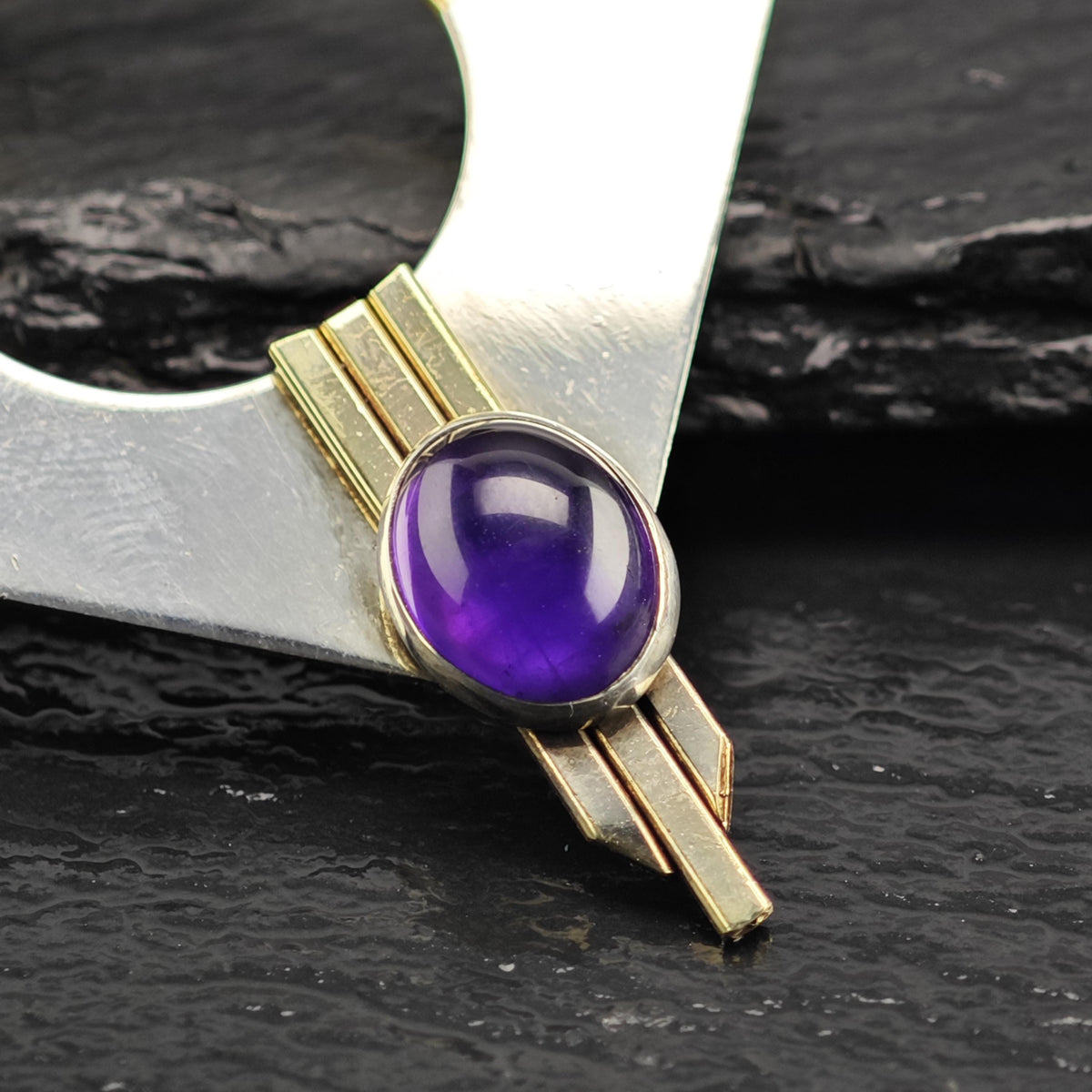 Modernist Amethyst Gold Accent Triangular Sterling Silver Pendant P3119