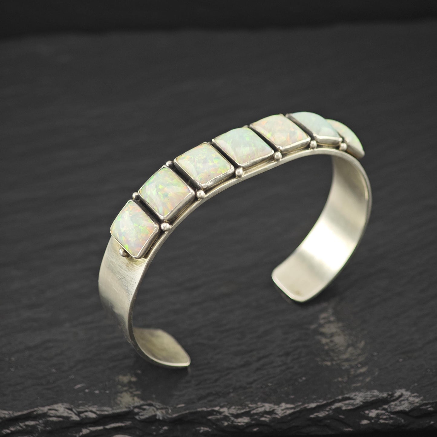 Navajo, Leonard James Lab Opal Cuff Bracelet Sterling Silver