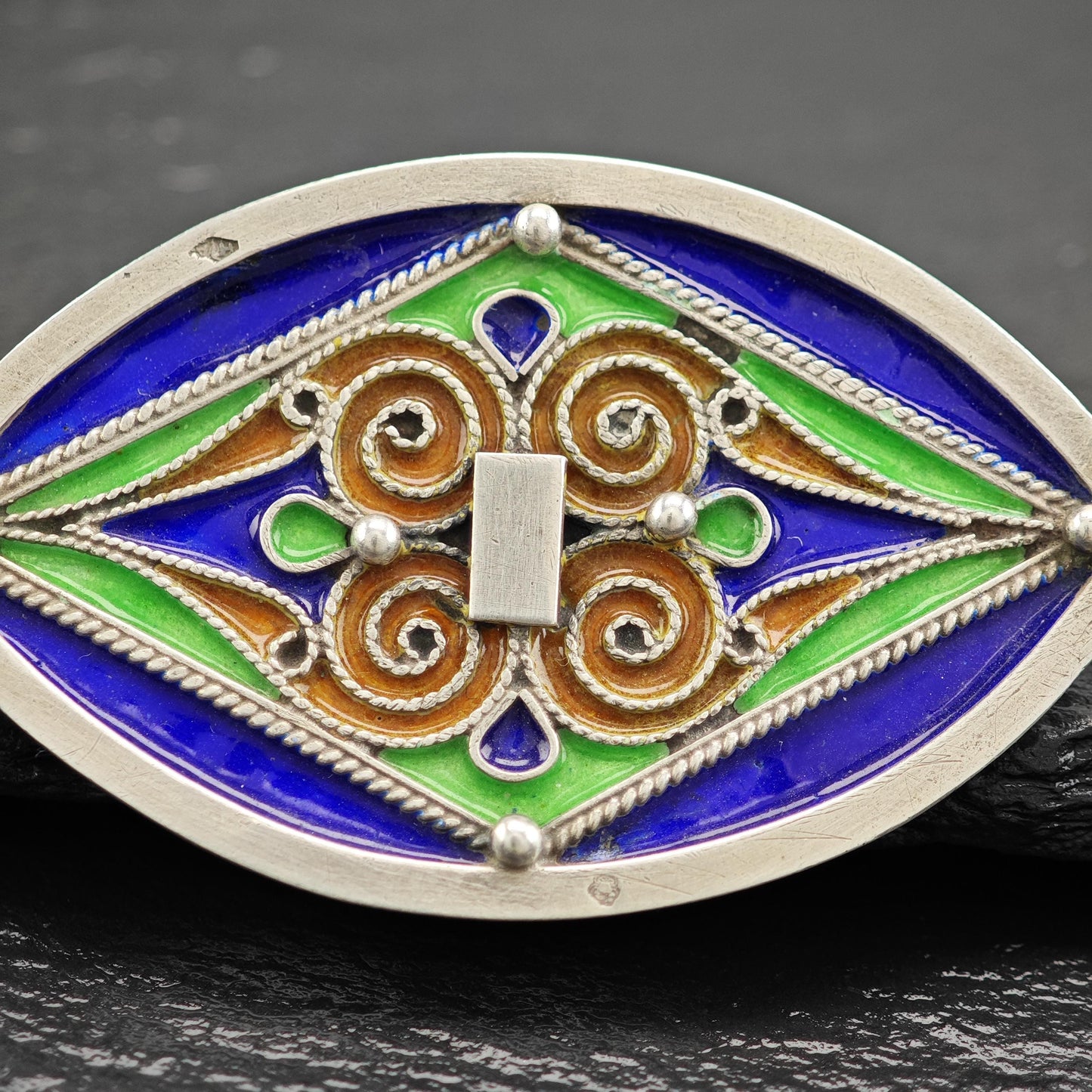 French Sterling Silver Brooch Geometric Multi-Color Enamel Design B2095