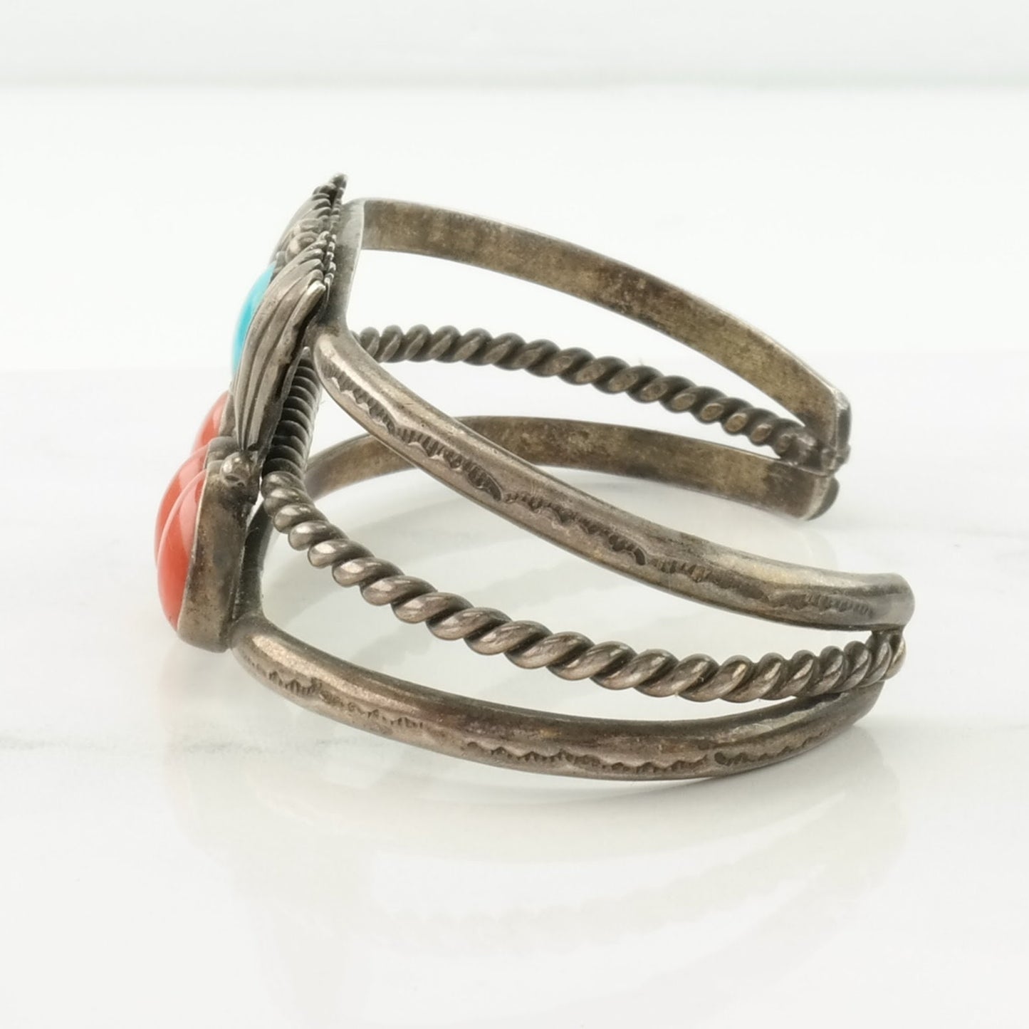 Native American Sterling Silver Cuff Bracelet Red, Blue Coral, Turquoise